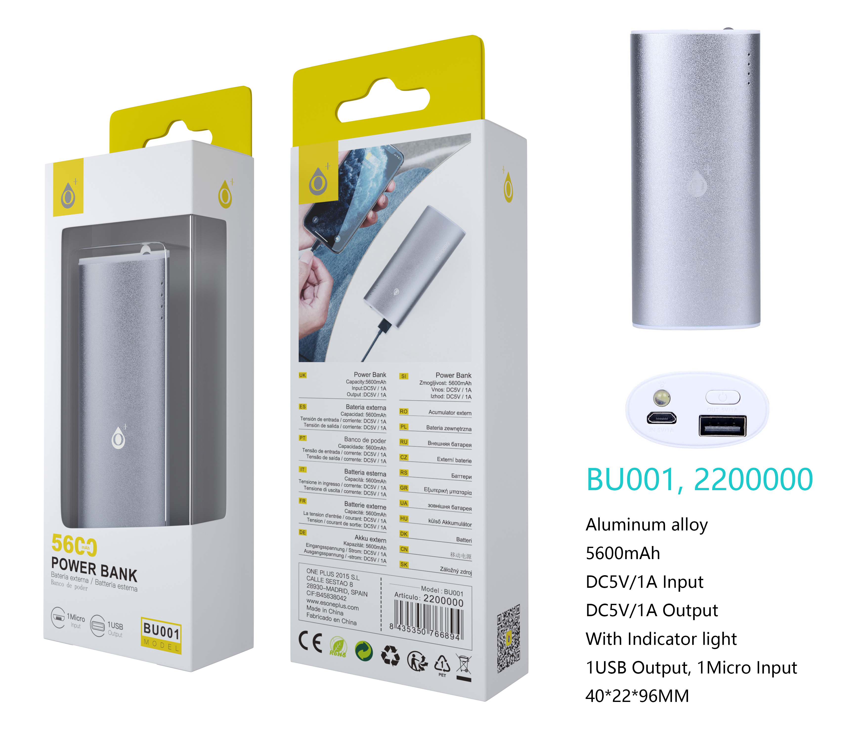 26010010 BU001 PL Power Bank MetalBox 5600mAh, Plata