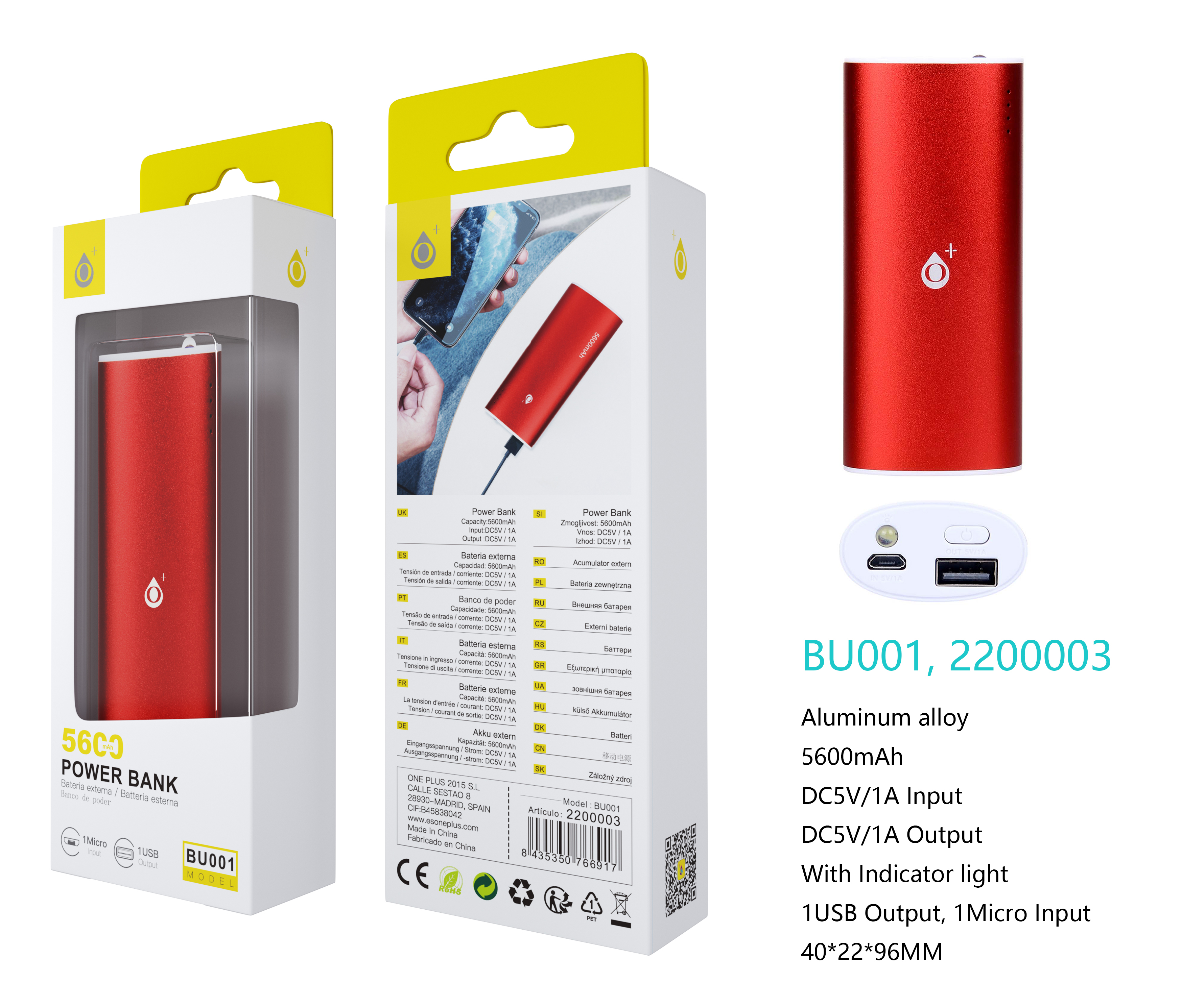 26010013 BU001 RJ Power Bank MetalBox 5600mAh, Rojo