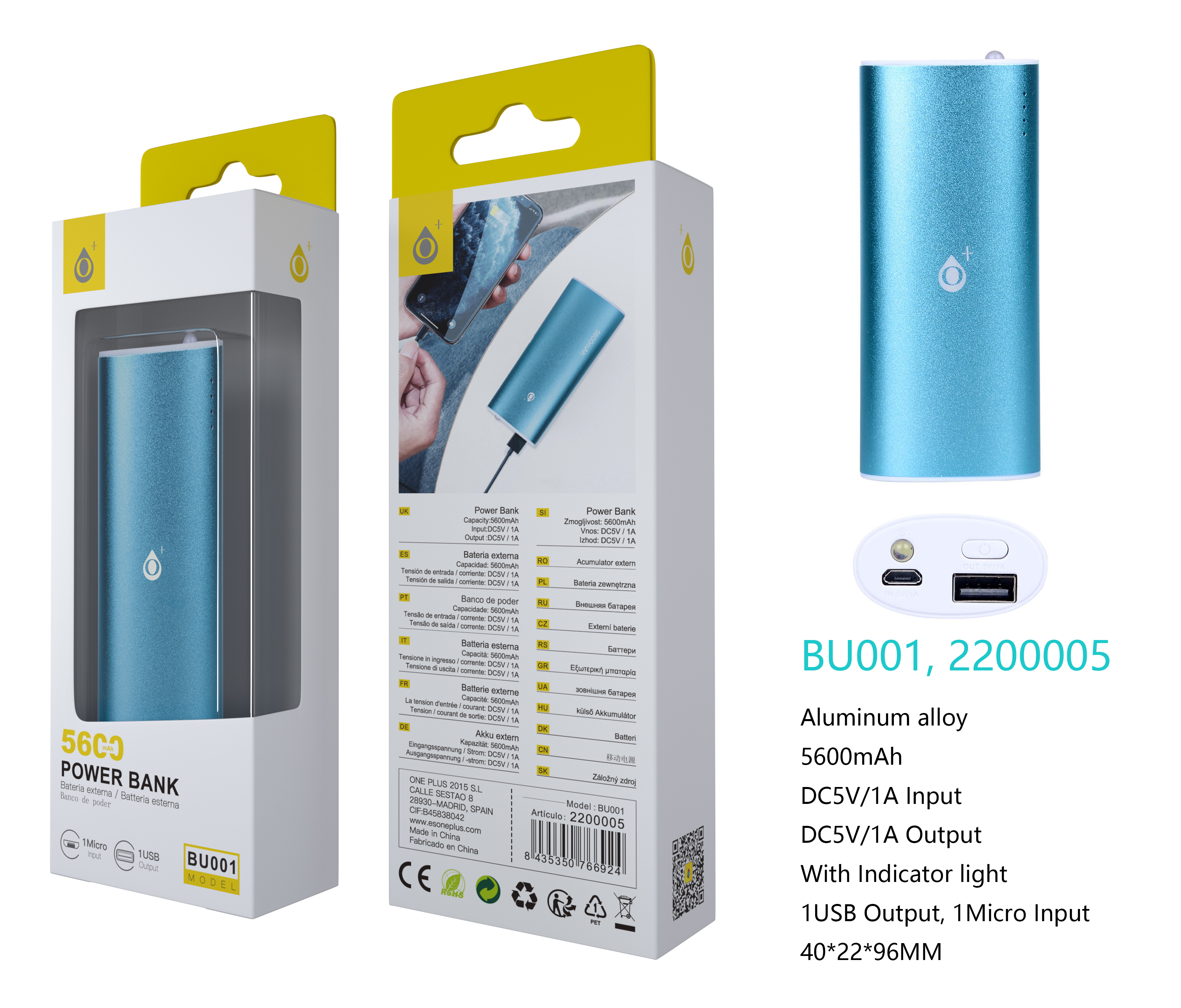 26010015 BU001 AZ Power Bank MetalBox 5600mAh, Azul