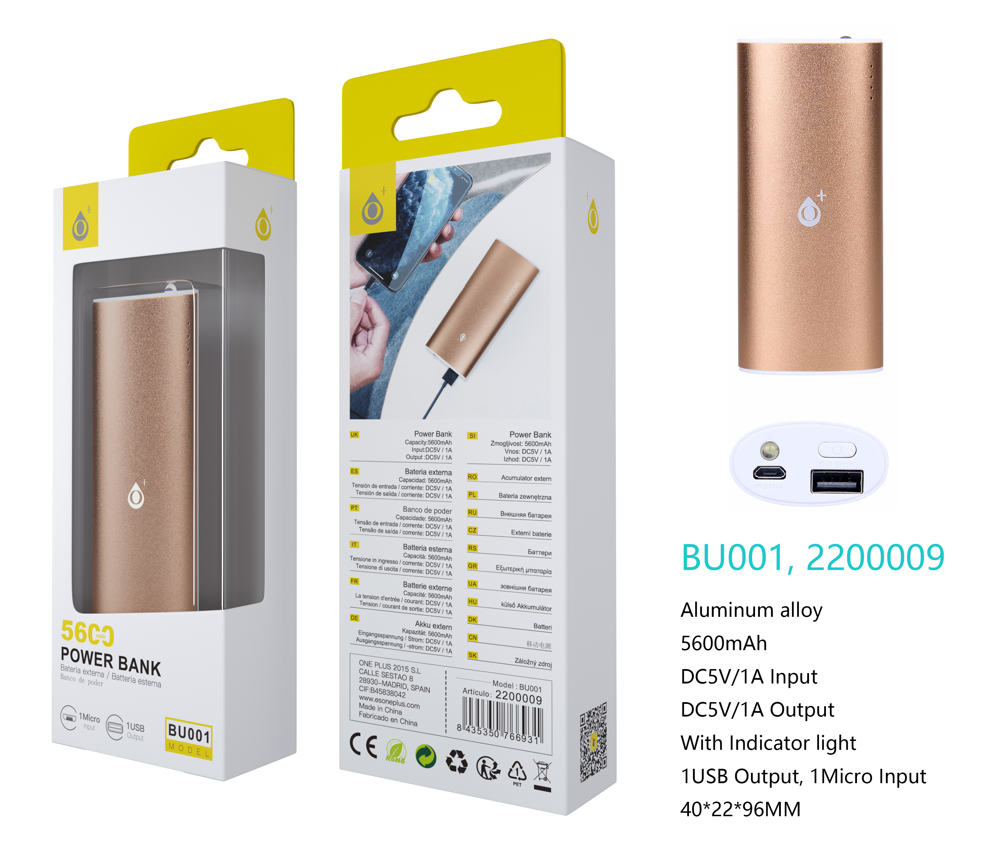 26010019 BU001 OR Power Bank MetalBox 5600mAh, Oro