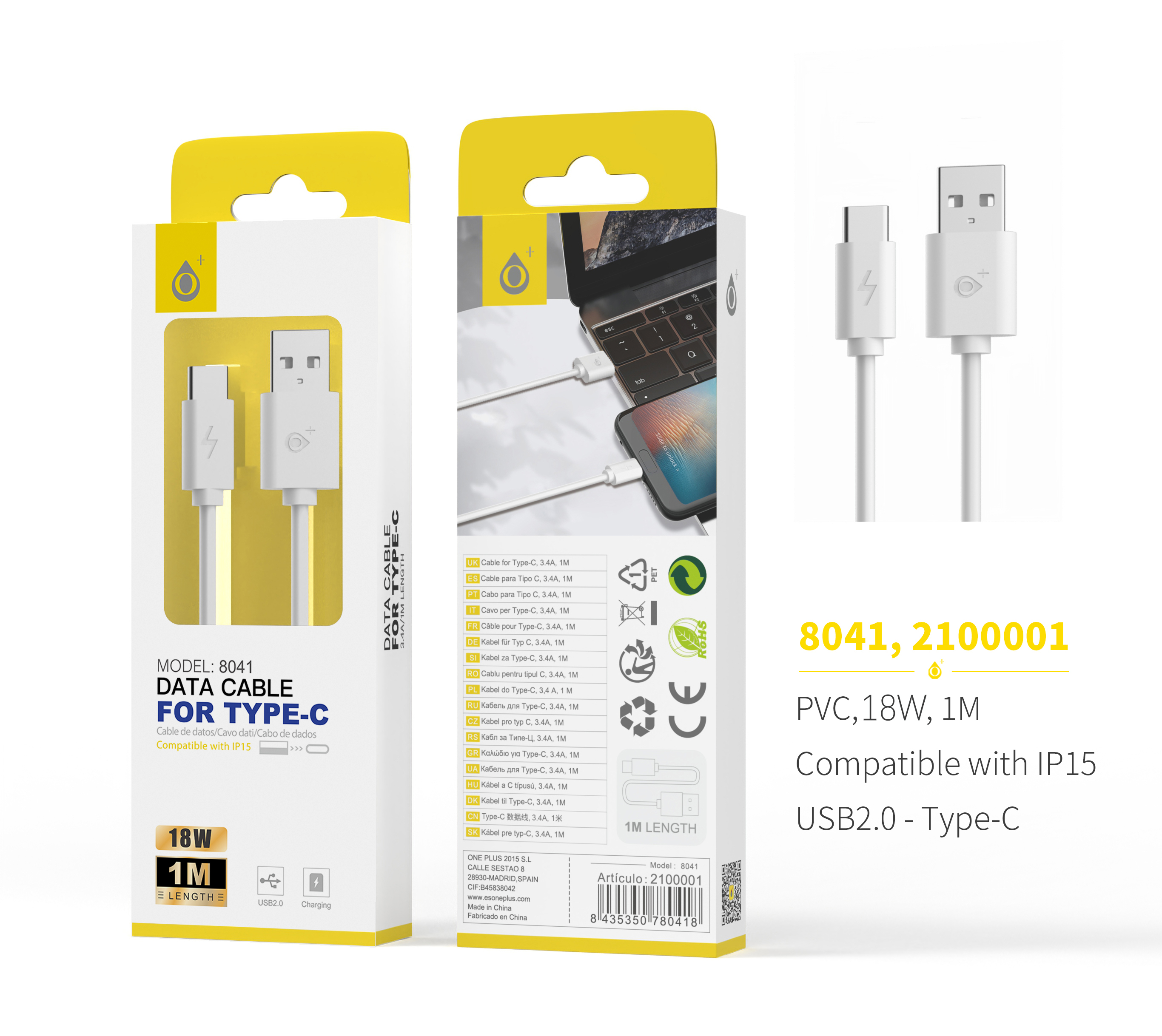 8041 Cable de Datos para Type C, 3.4A 1M  BLANCO