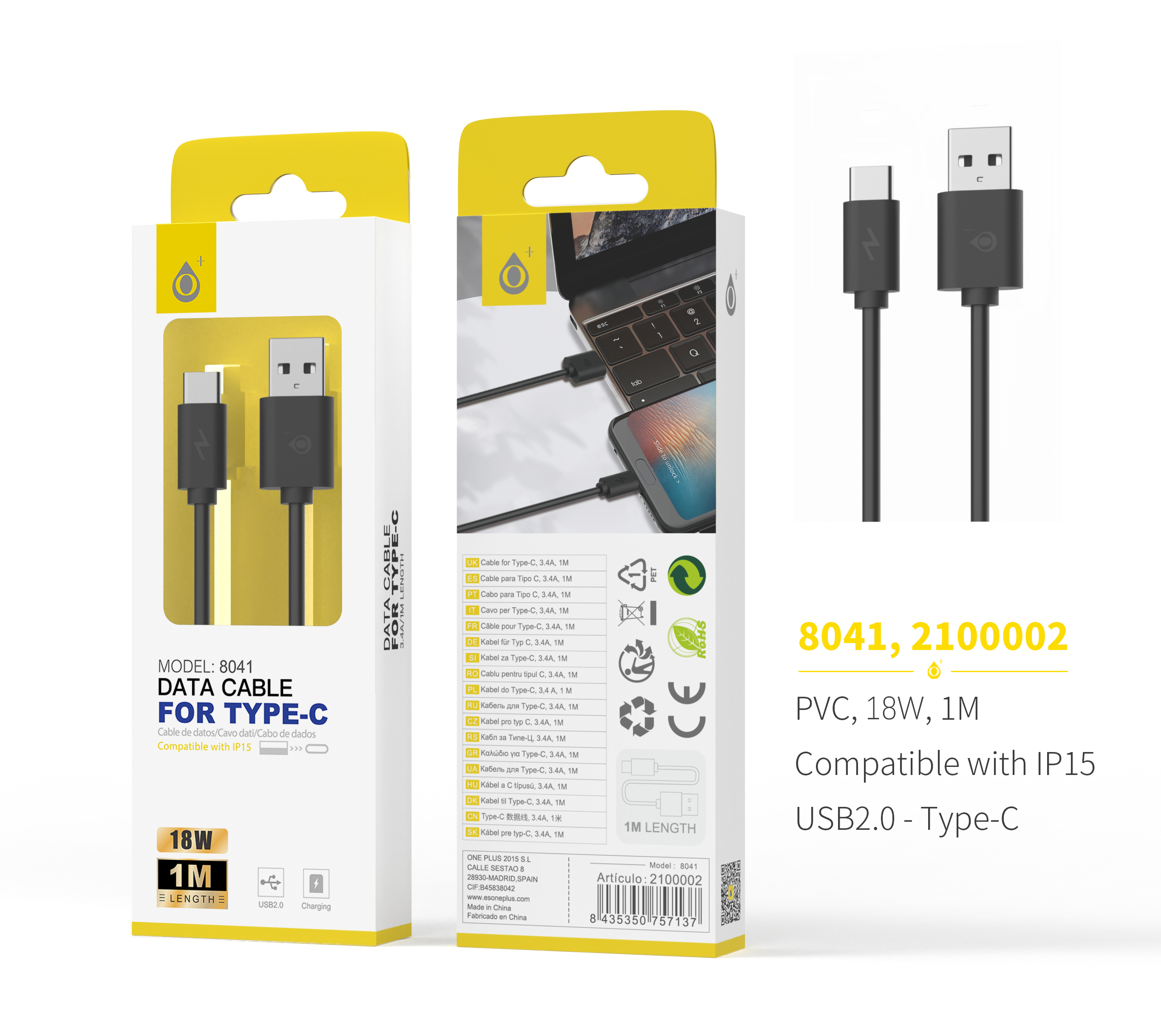 8041 NE Cable de Datos para Type C, 2A 1M, Negro