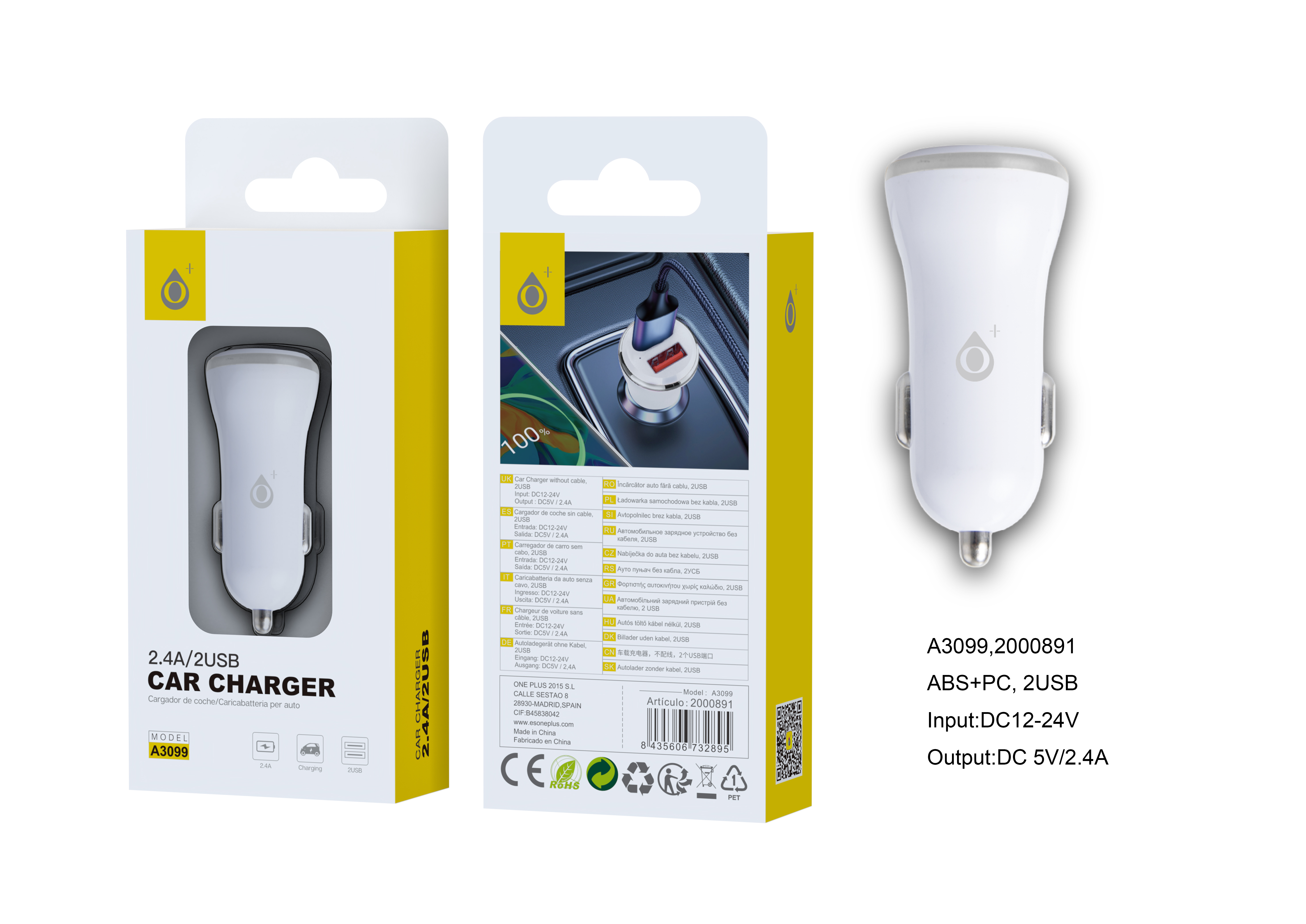 A3099 BL Cargador Mechero Golden Ring, 2USB 2,4A Blanco