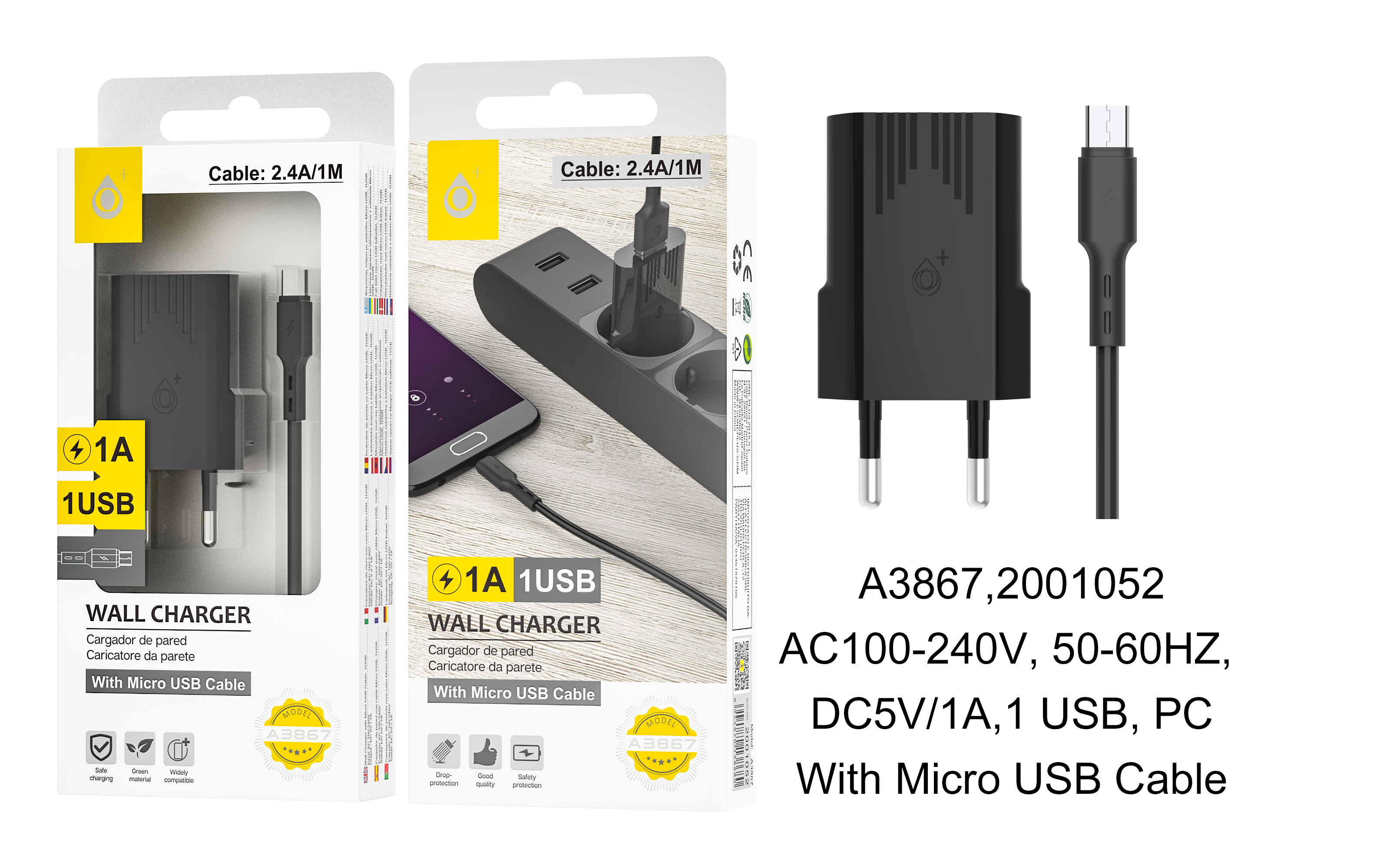 A3867 NE Cargador Red Mono con Cable MicroUSB , 1 USB, 5V/1A,Negro