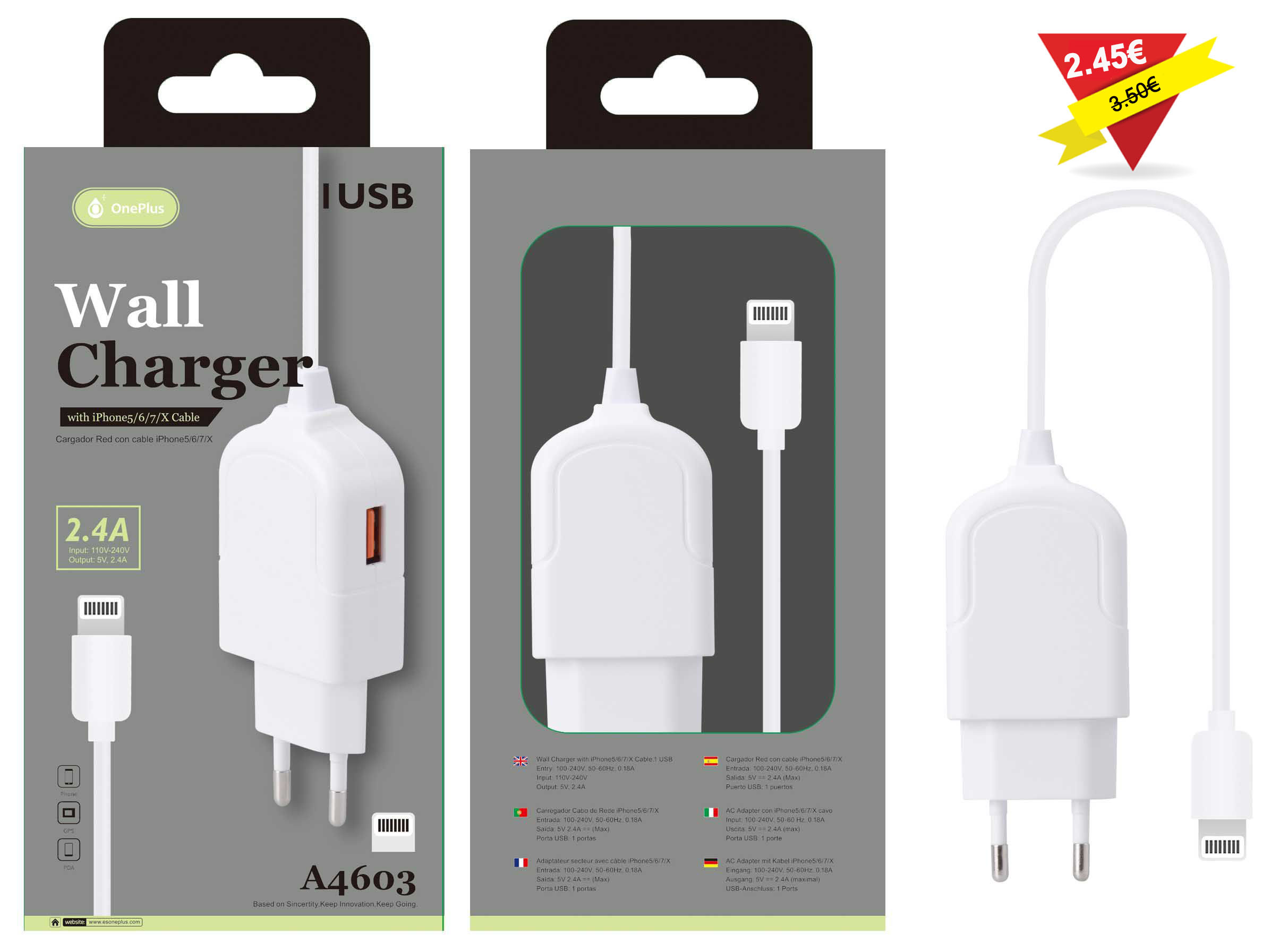 A4603 BL Cargador Red Triton con cable IP5/6/7/8/X ,1 USB,5V/ 2.1 A , Blanco