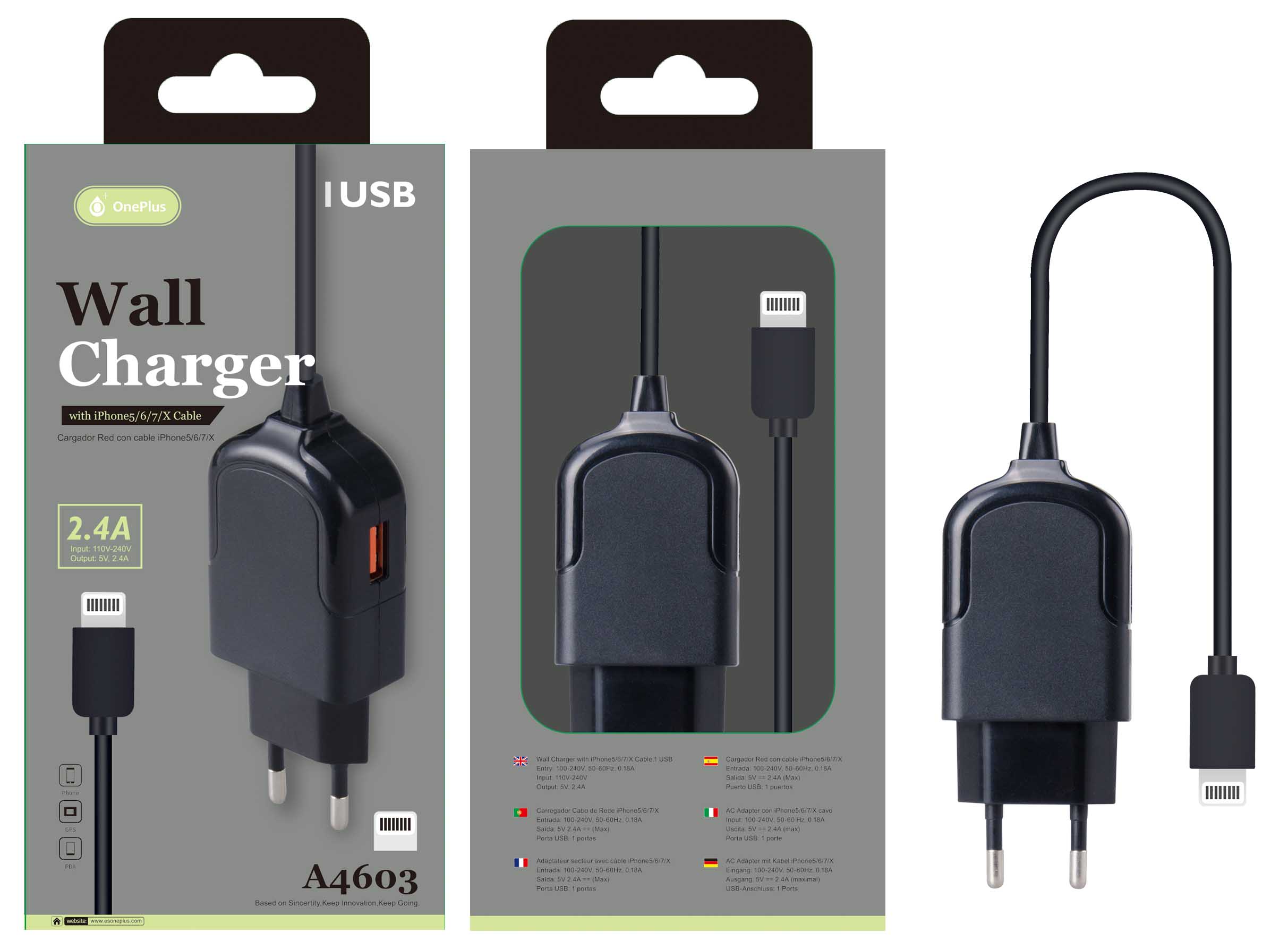 A4603 NE Cargador Red Triton con cable IP5/6/7/8/X ,1 USB,5V/ 2.1 A , Negro