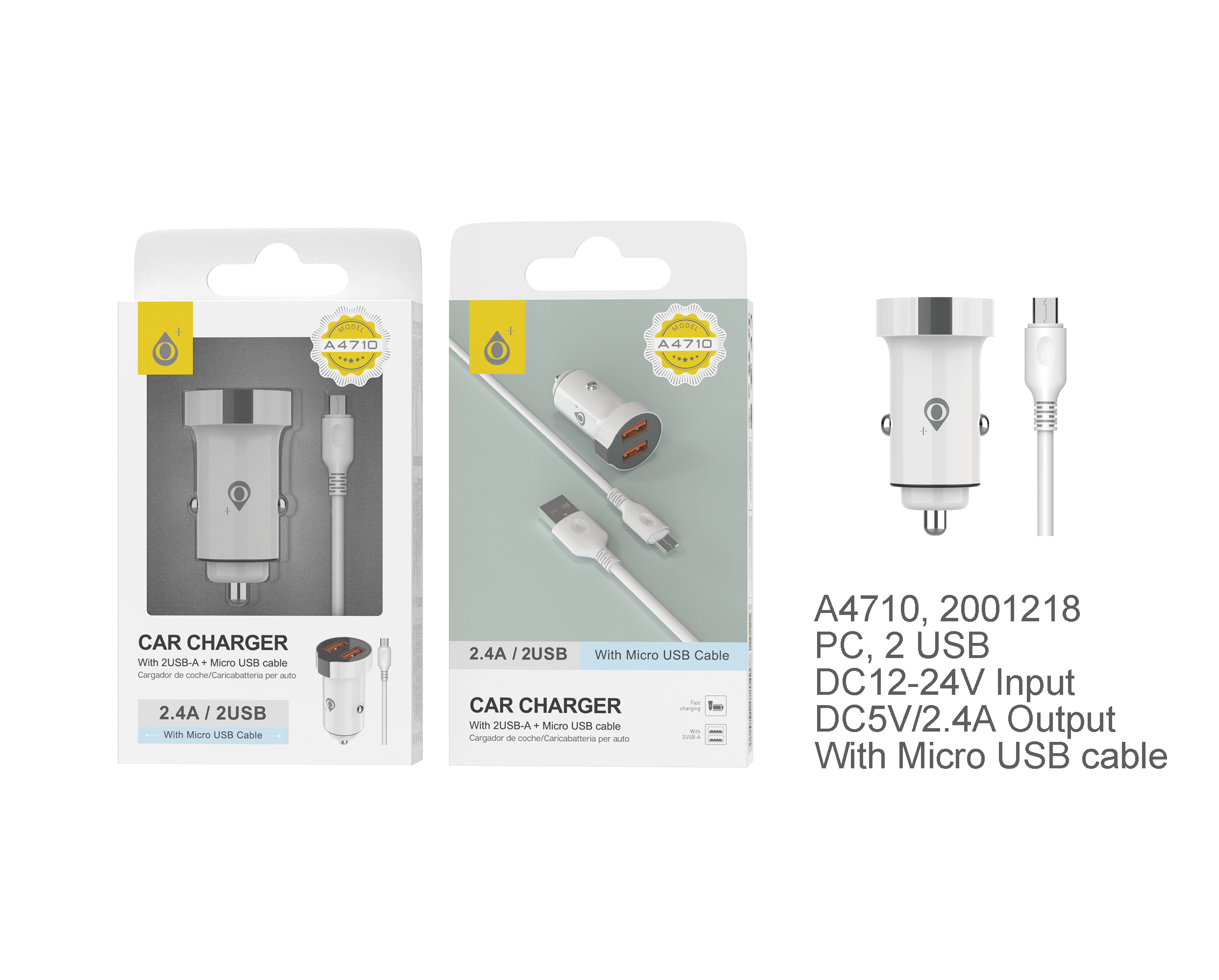 A4710 BL+GR Cargador Mechero SURI con Cable Micro USB, 2 USB , 2.4A, Blanco + Gris