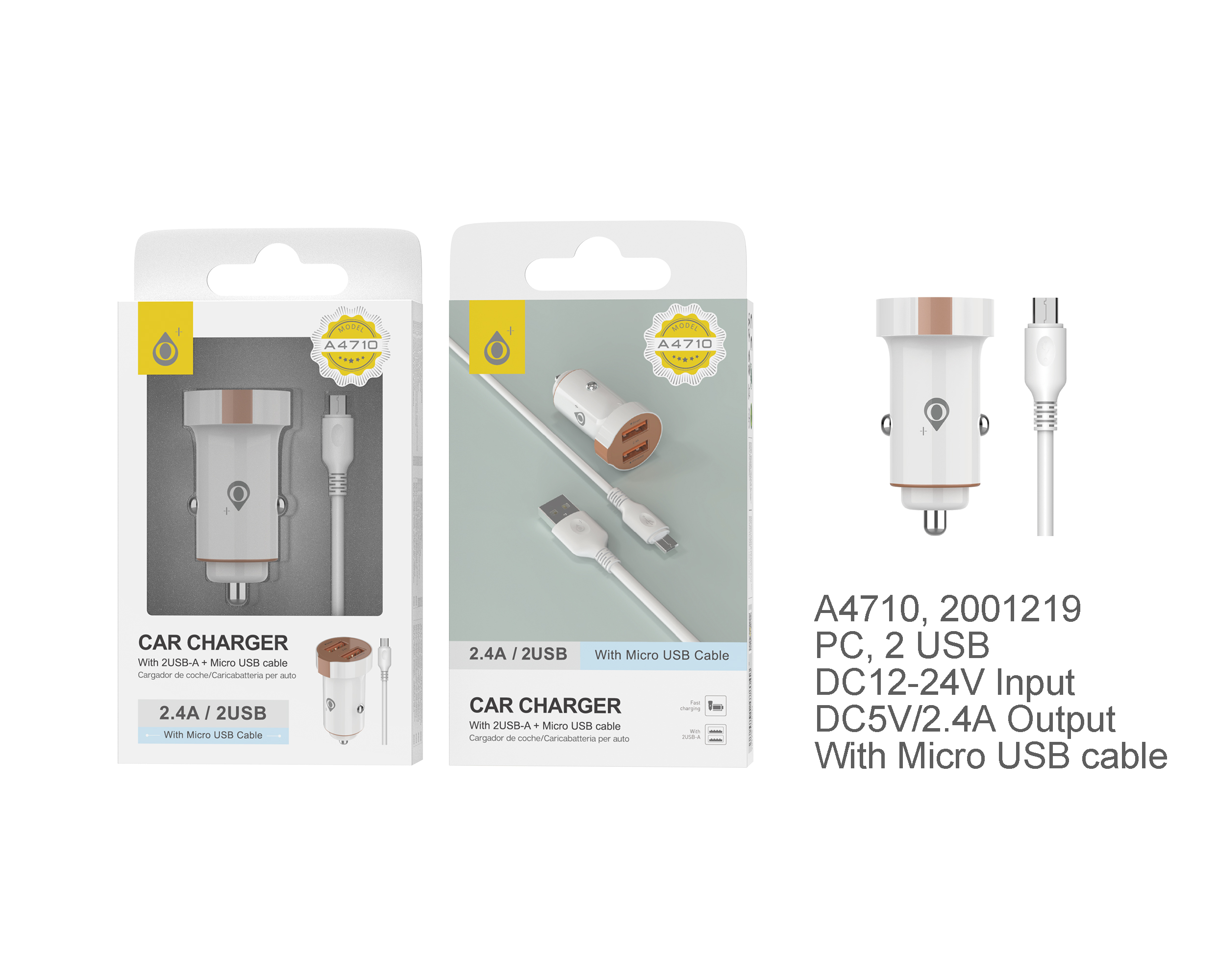 A4710 BL+OR Cargador Mechero SURI con Cable Micro USB, 2 USB , 2.4A, Blanco + Oro