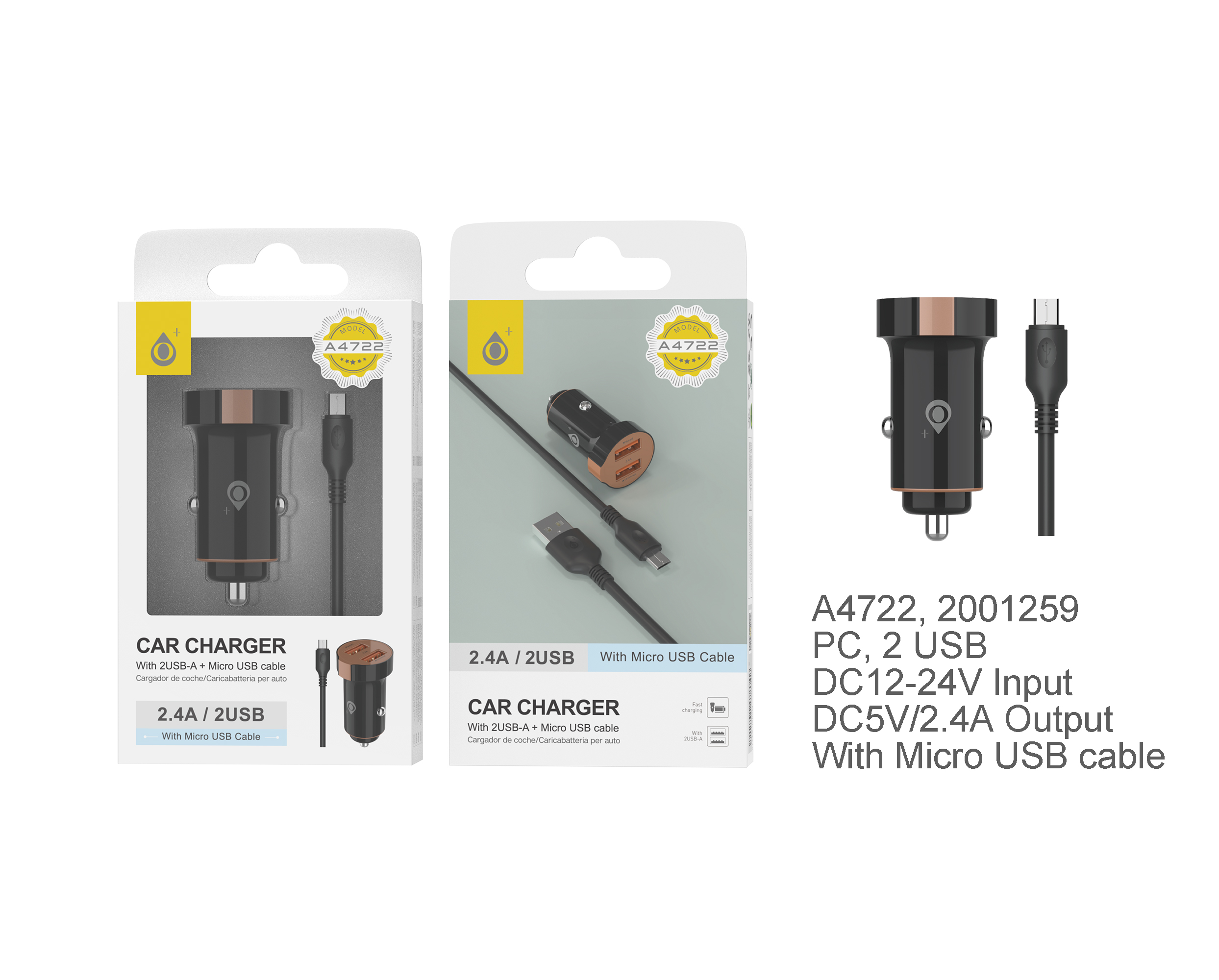 A4722 NE+OR Cargador Mechero SURI con Cable Micro USB, 2 USB , 2.4A,Negro + Oro