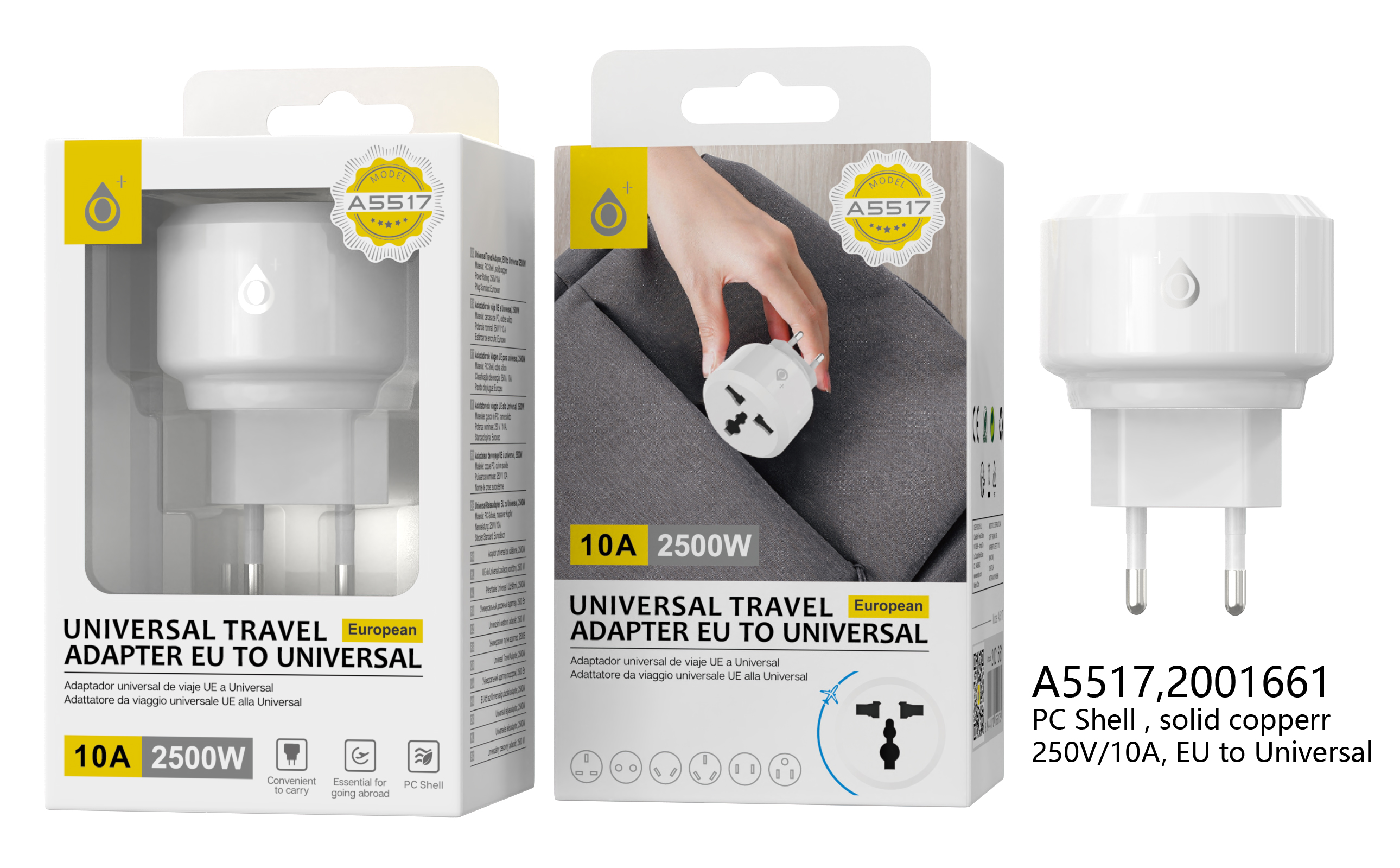 A5517 BL Adaptador Enchufe Universal de viaje a enchufe EU Plug, 250V 10A , Blanco