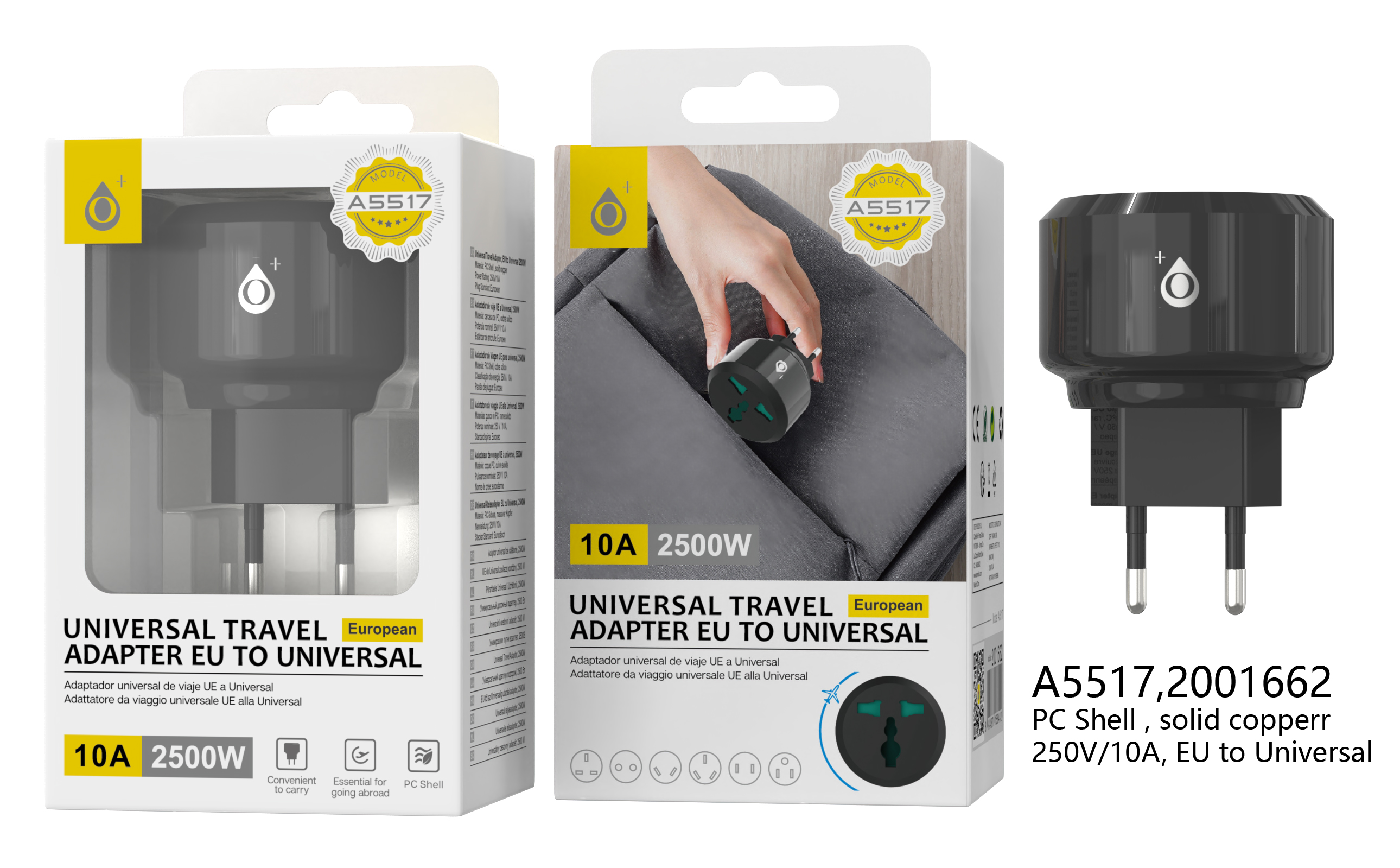 A5517 NE Adaptador Enchufe Universal de viaje a enchufe EU Plug, 250V 10A , Negro