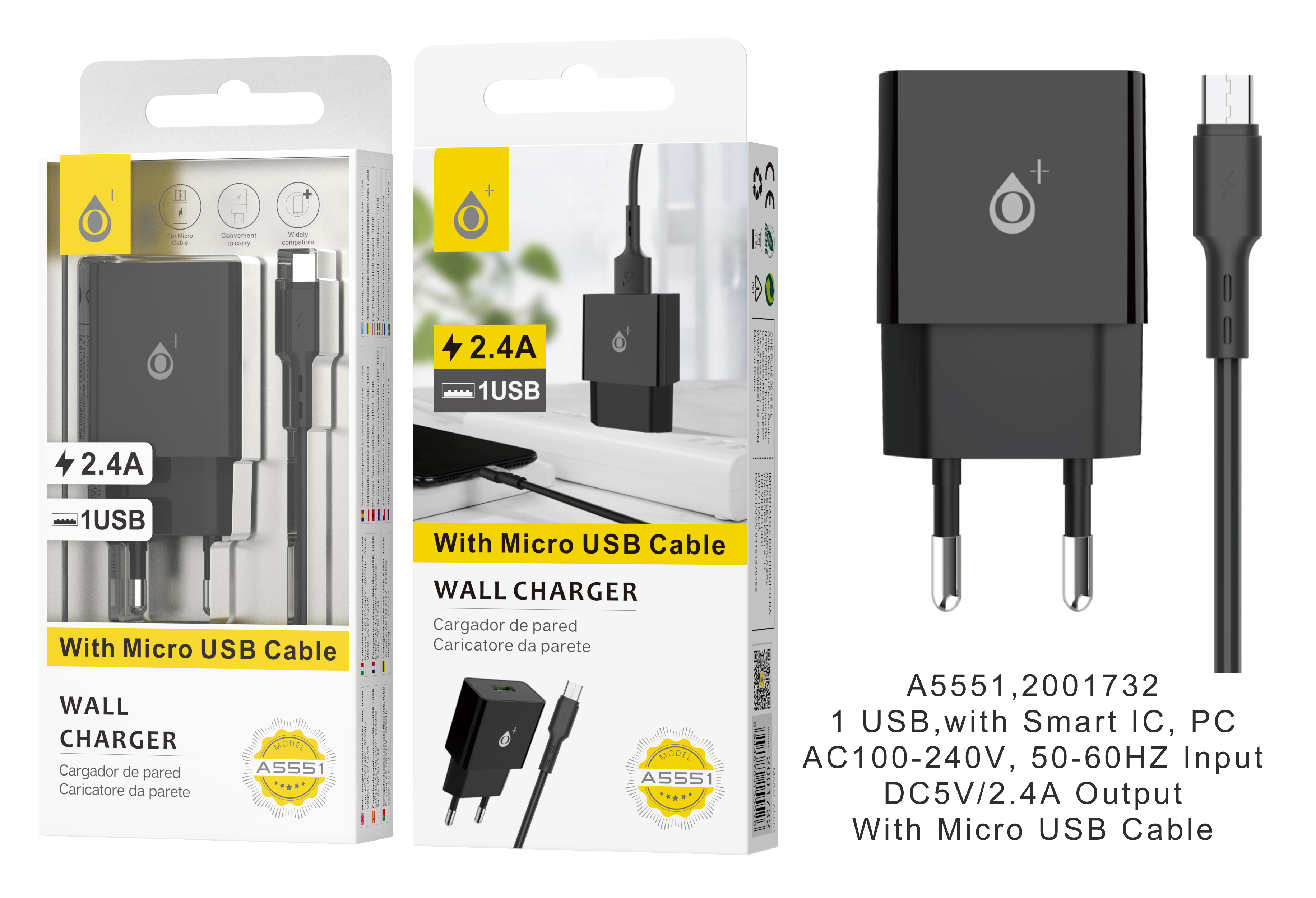 A5551 NE Cargador de Red Jaspe con cable para Micro USB , 2.4A 5V , Negro