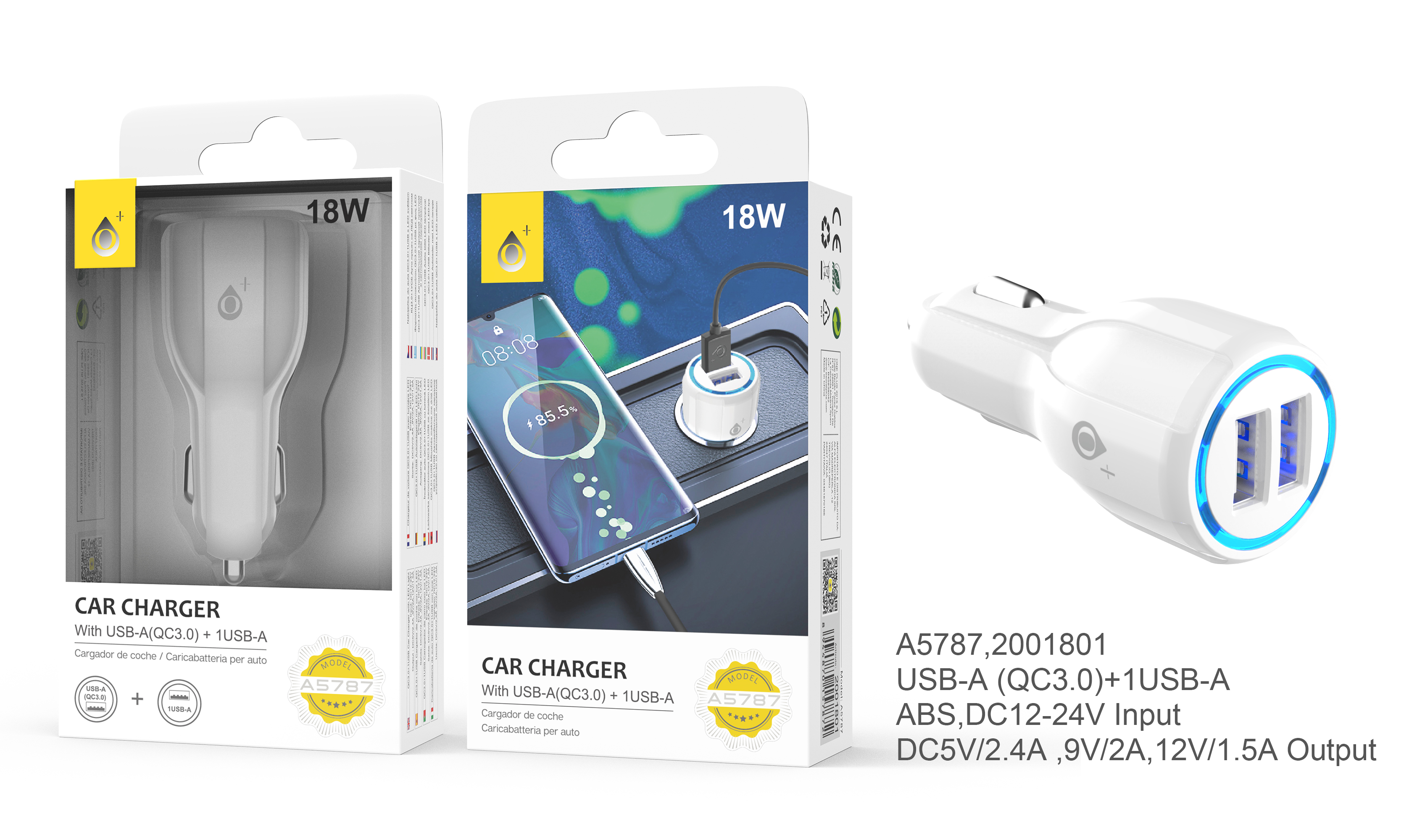 A5787  BL Cargador de Mechero Altran Rapido QC3.0 ,2 USB Inteligente, 2.4A Max , Blanco