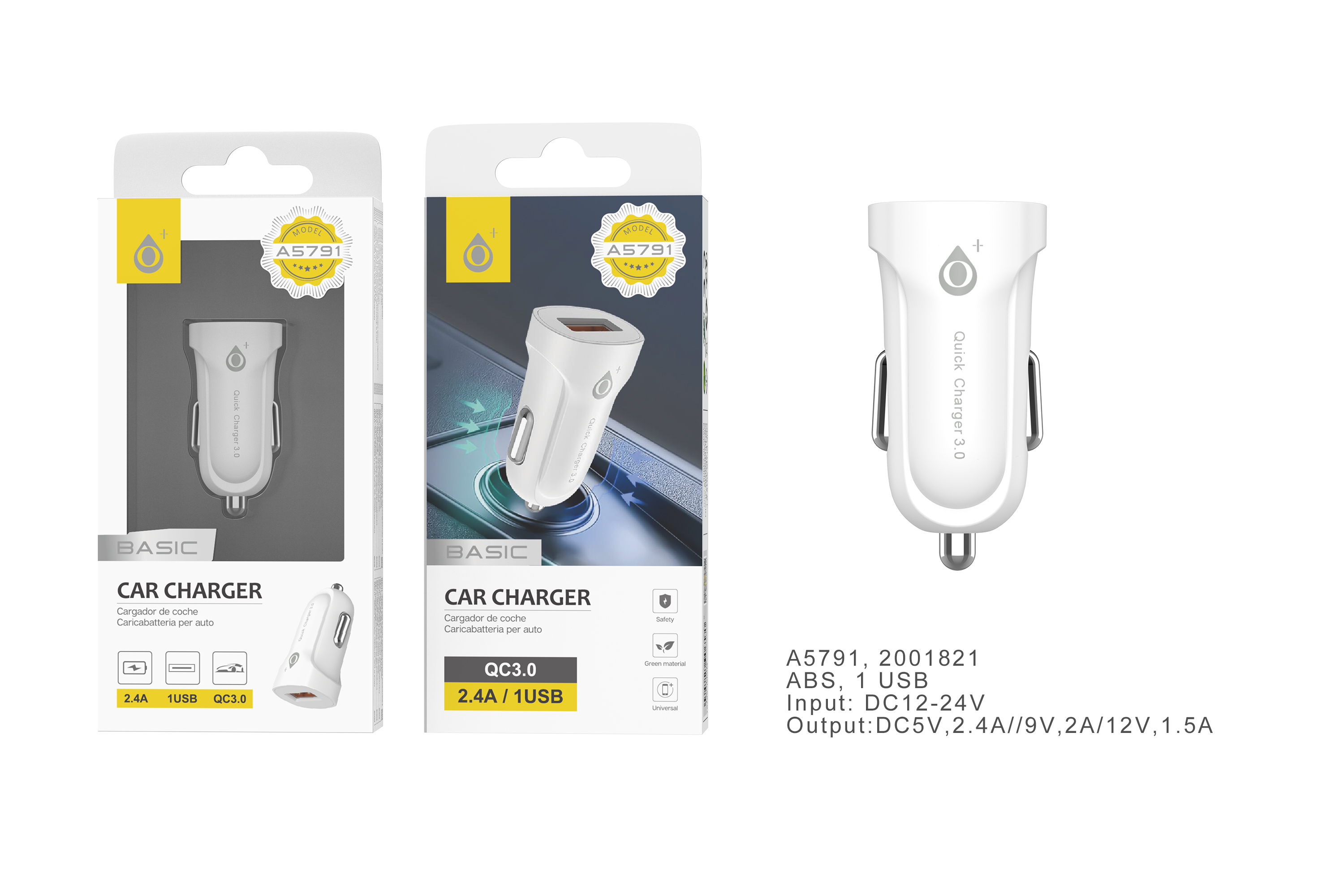 A5791 BL Cargador de Mechero Rapido S.Basic QC3.0 Amaltea sin cable , 1USB Inteligente, 2.4A Max, Blanco