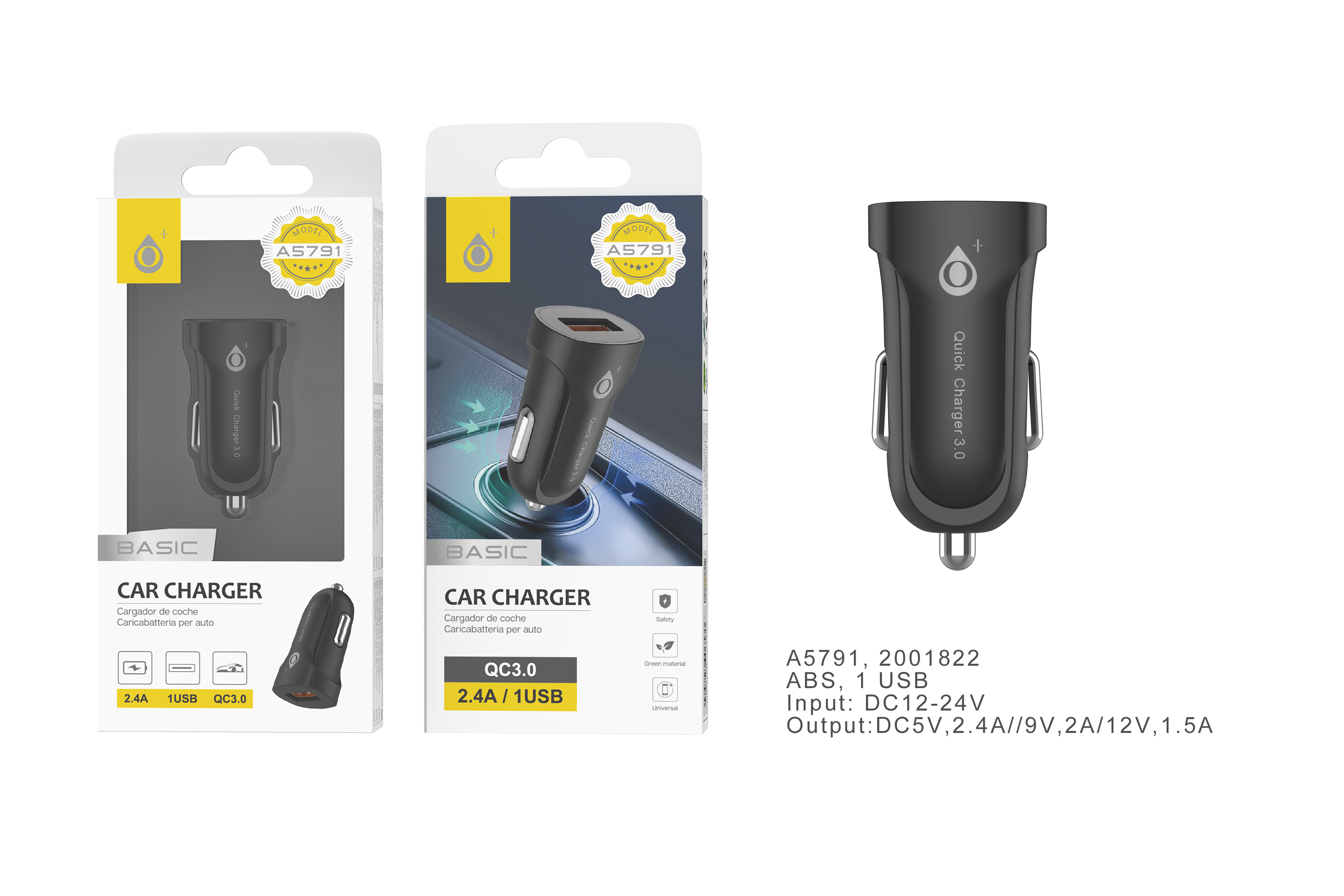 A5791 NE Cargador de Mechero Rapido S. Basic QC3.0 Amaltea sin cable , 1USB Inteligente, 2.4A Max, Negro