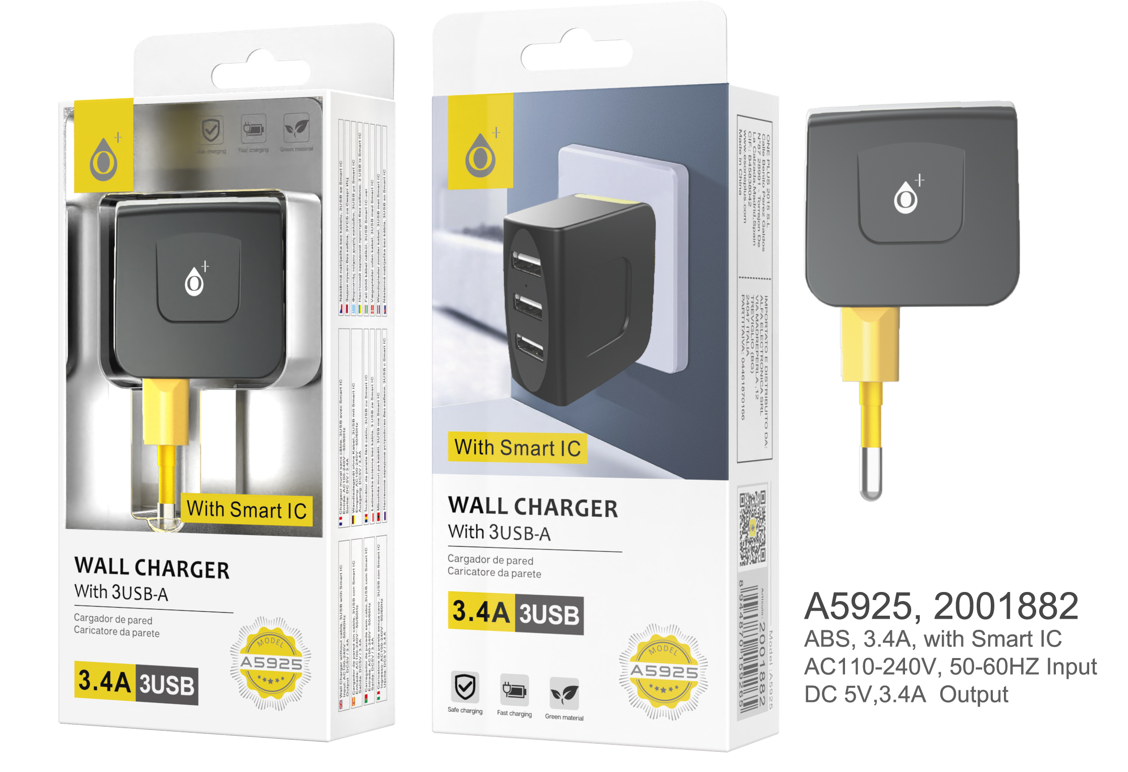 A5925 NE+AM Cargador de Red Meldran con 3 USB Inteligente , 3.4A ,sin cable , Negro + Amarillo