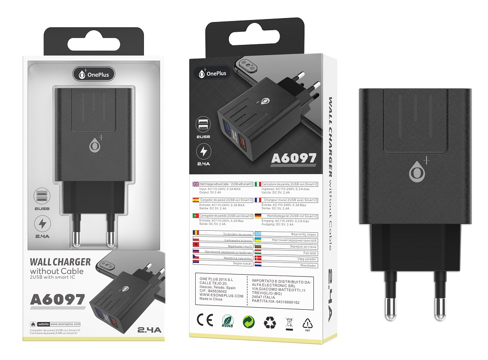 A6097 NE Cargador de Red Tucana con 2 USB de Reconocimiento Inteligente, 2.4A , Negro