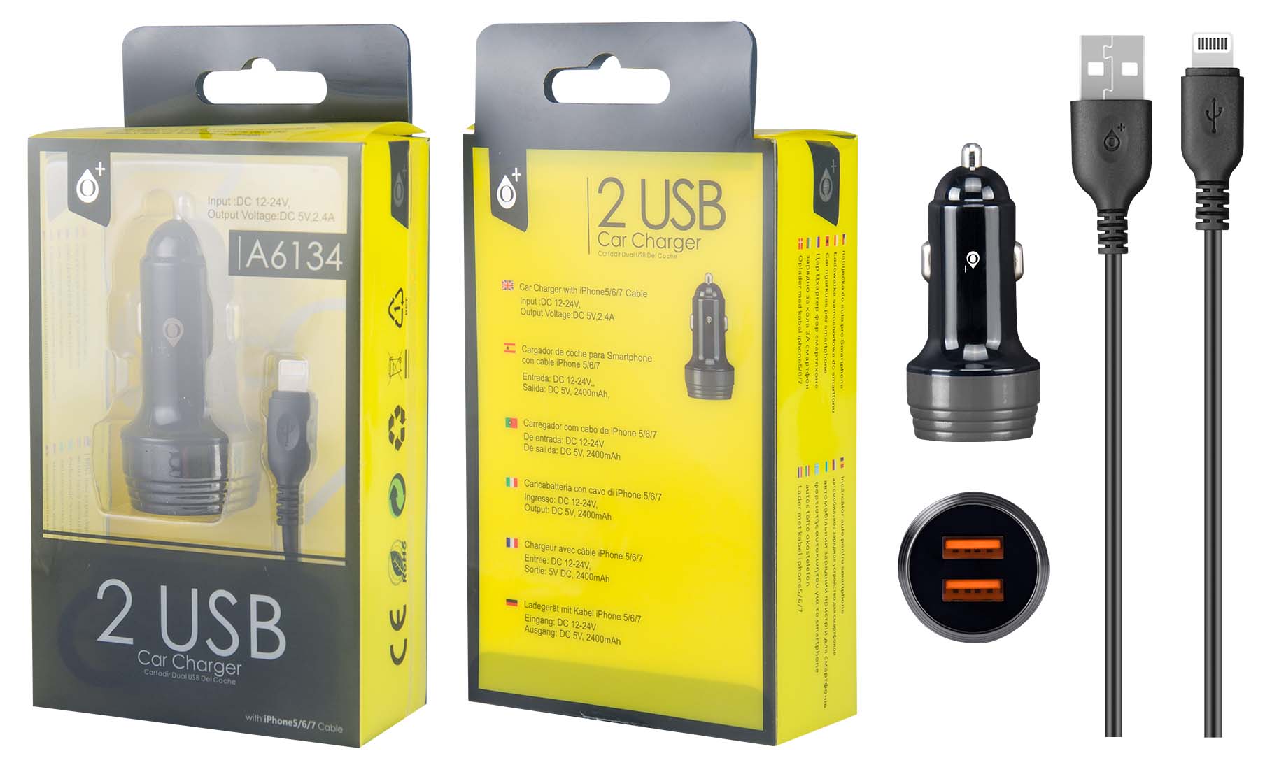 A6134 NE+NE Cargador Mechero Nebula con Cable para Iphone 5/6/7, 2USB 2,4A, Negro y Negro