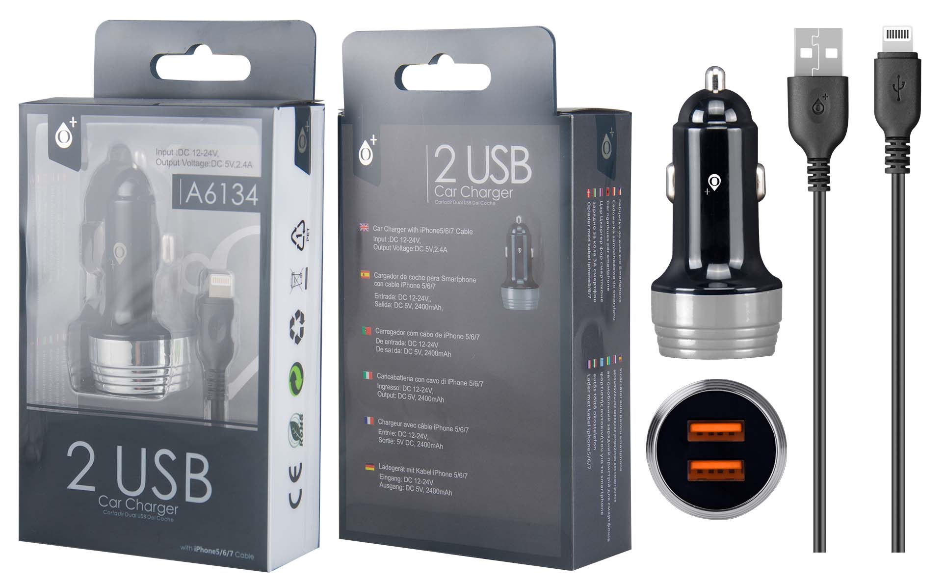 A6134 NE+PL Cargador Mechero Nebula con Cable para Iphone 5/6/7, 2USB 2,4A, Negro yPlata