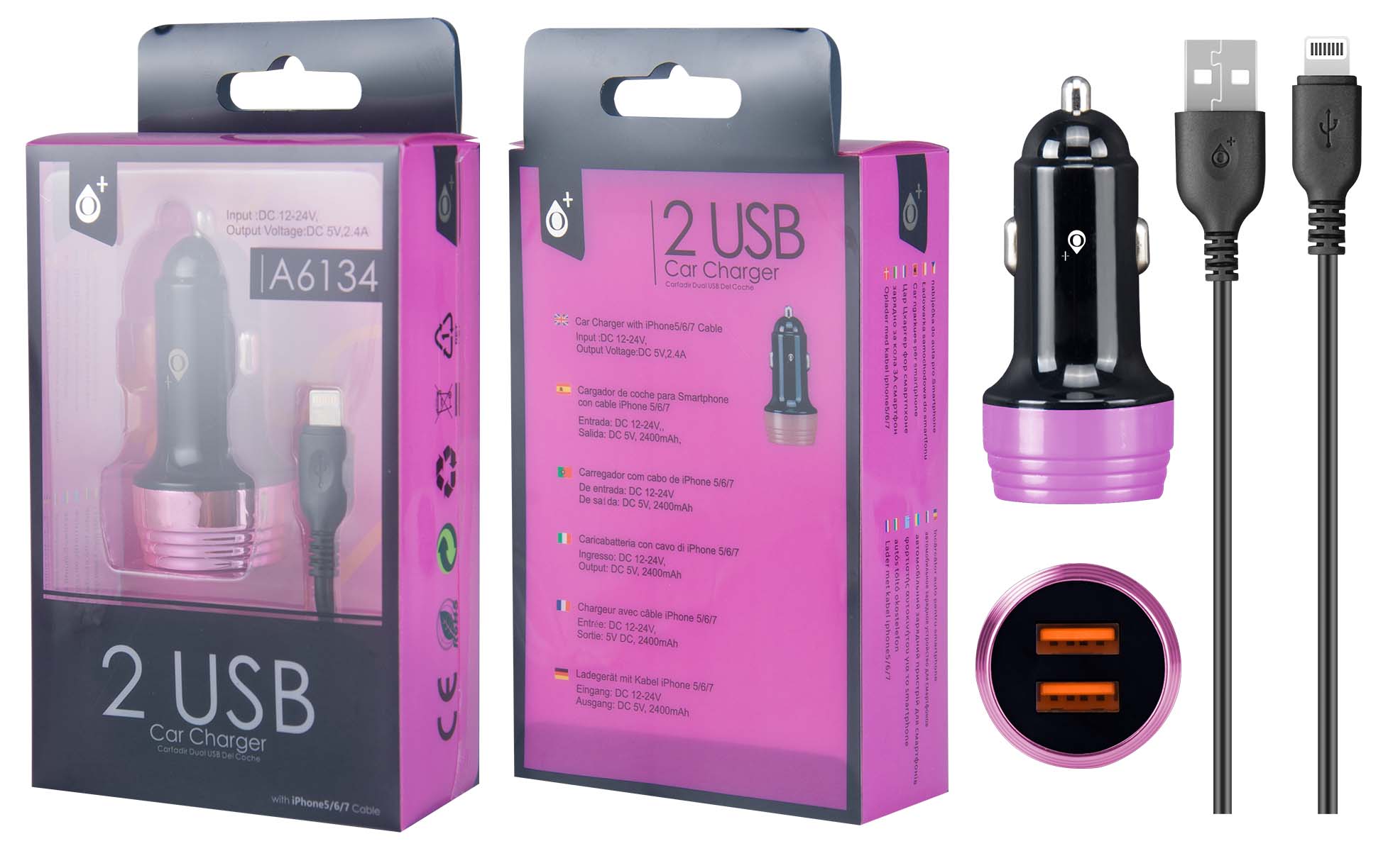 A6134 NE+RS Cargador Mechero Nebula con Cable para Iphone 5/6/7, 2USB 2,4A, Negro y Rosa