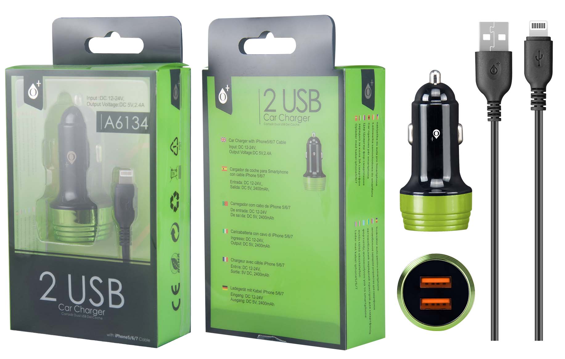 A6134 NE+VE Cargador Mechero Nebula con Cable para Iphone 5/6/7, 2USB 2,4A, Negro y Verde