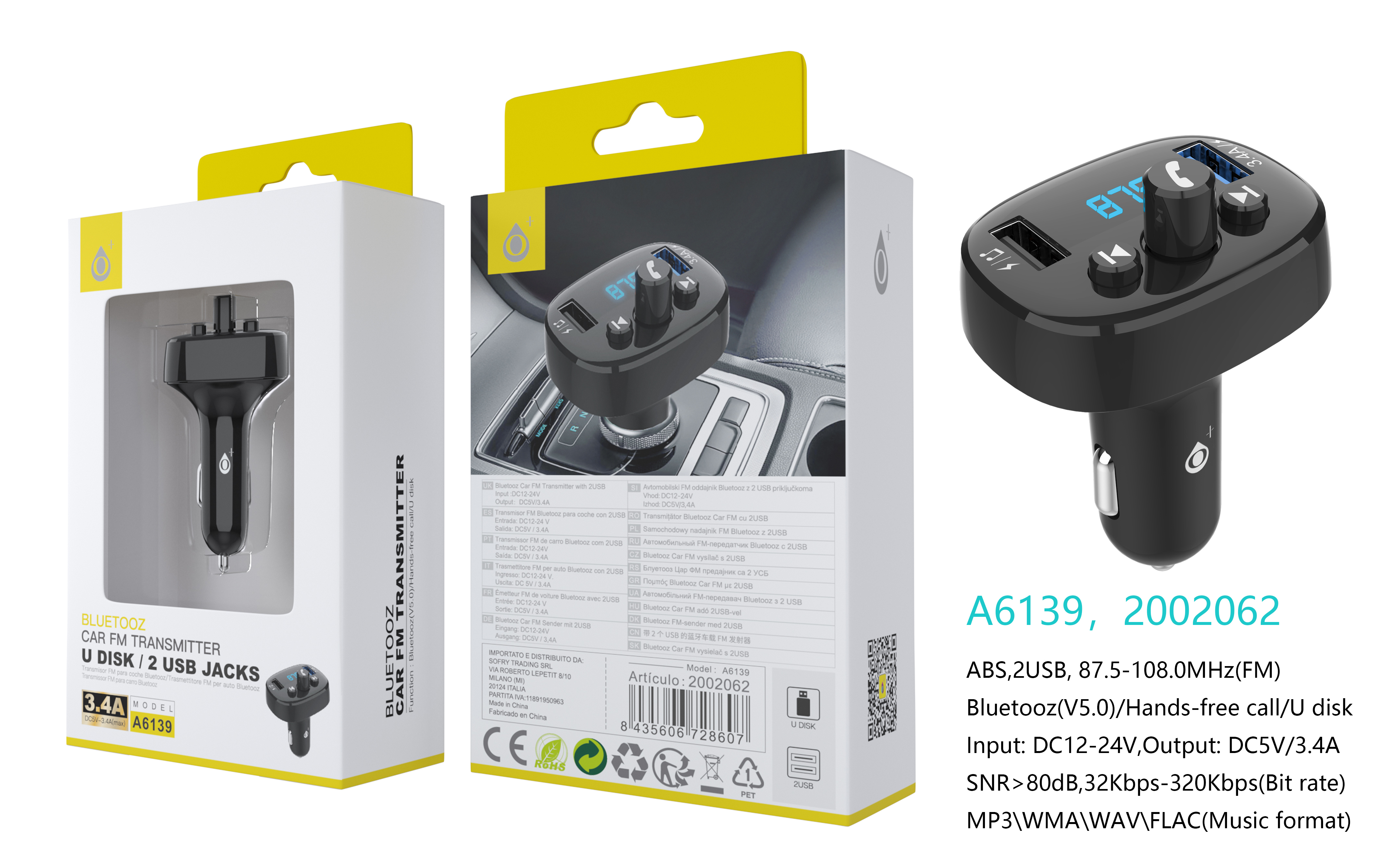 A6139 NE Transmisor Bluetooth Believe  para coche , 2 USB con 3,4A Max, Controlador de llamada y Volumen, FM/USB, Negro