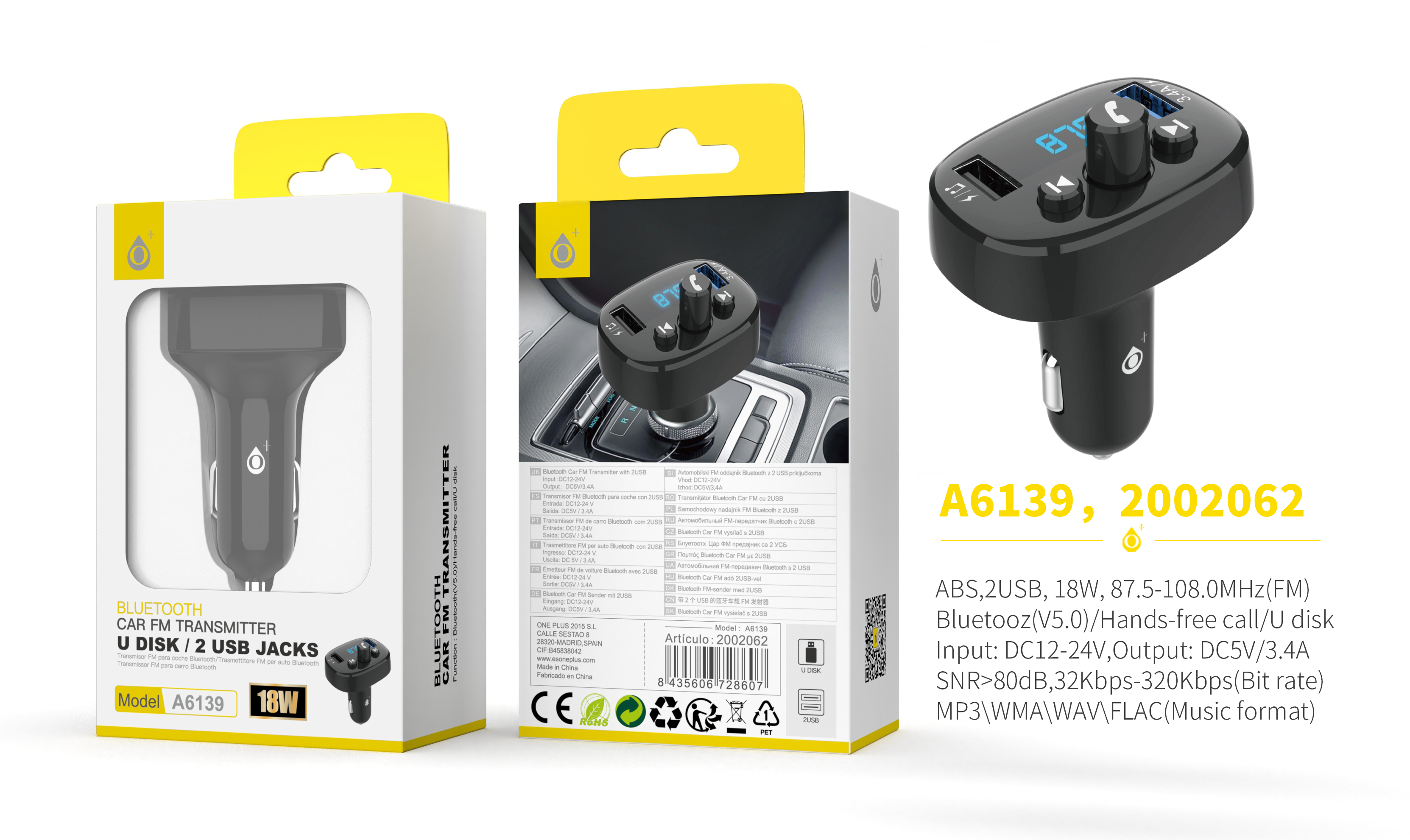 A6139 NE Transmisor Bluetooth Believe  para coche , 2 USB con 3,4A Max, Controlador de llamada y Volumen, FM/USB, Negro