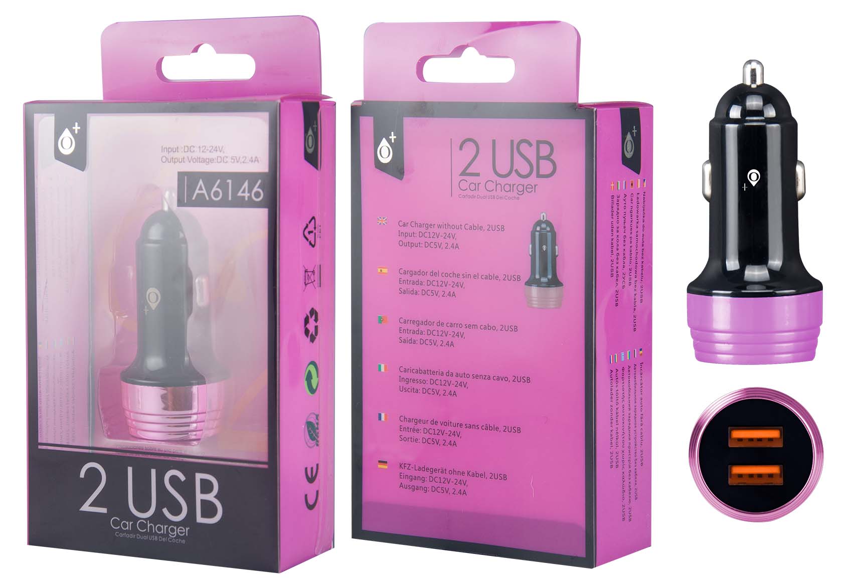 A6146 NE+RS Cargador Mechero Nebula, 2USB 2,4A, Negro y Rosa