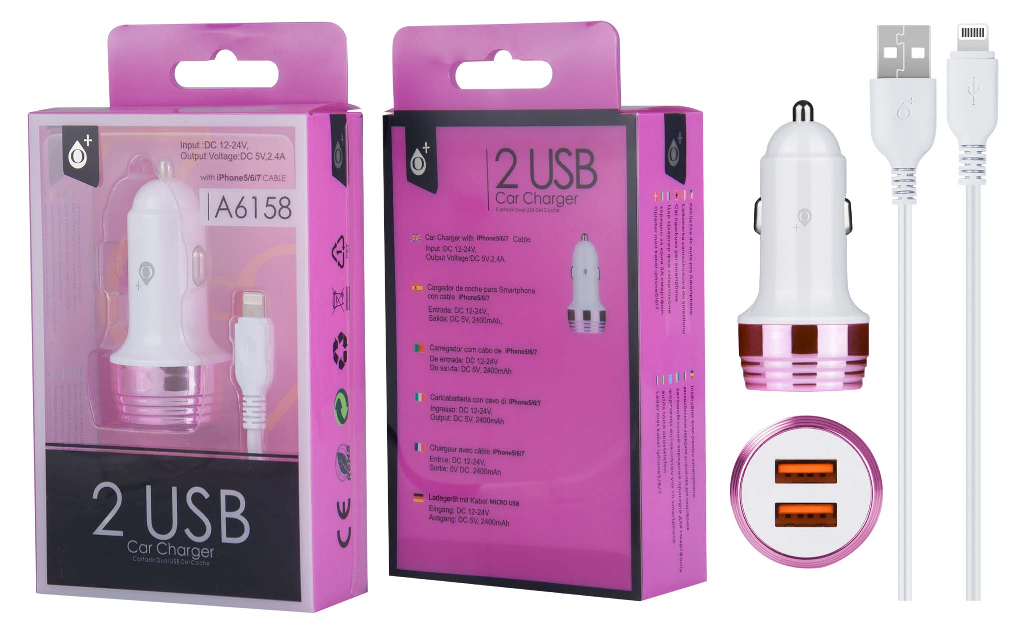 A6158 BL+RS Cargador Mechero Nebula con Cable Iphone 5/6/7, 2USB 2,4A, Blanco y Rosa