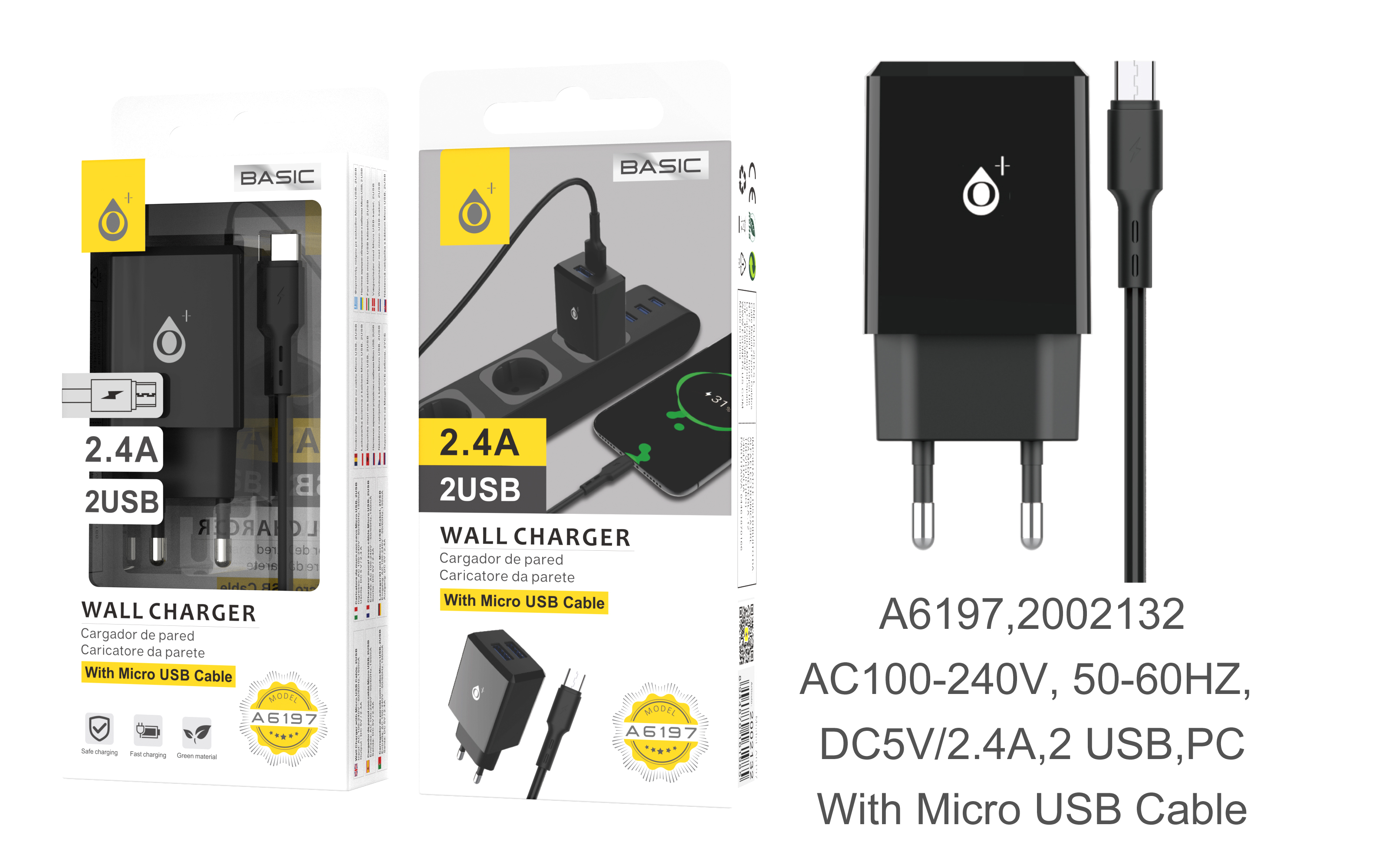 A6197 NE Cargador de Red S.Basic Tebe 2 USB con Cable Micro USB, 2 USB , 2.4A,Negro