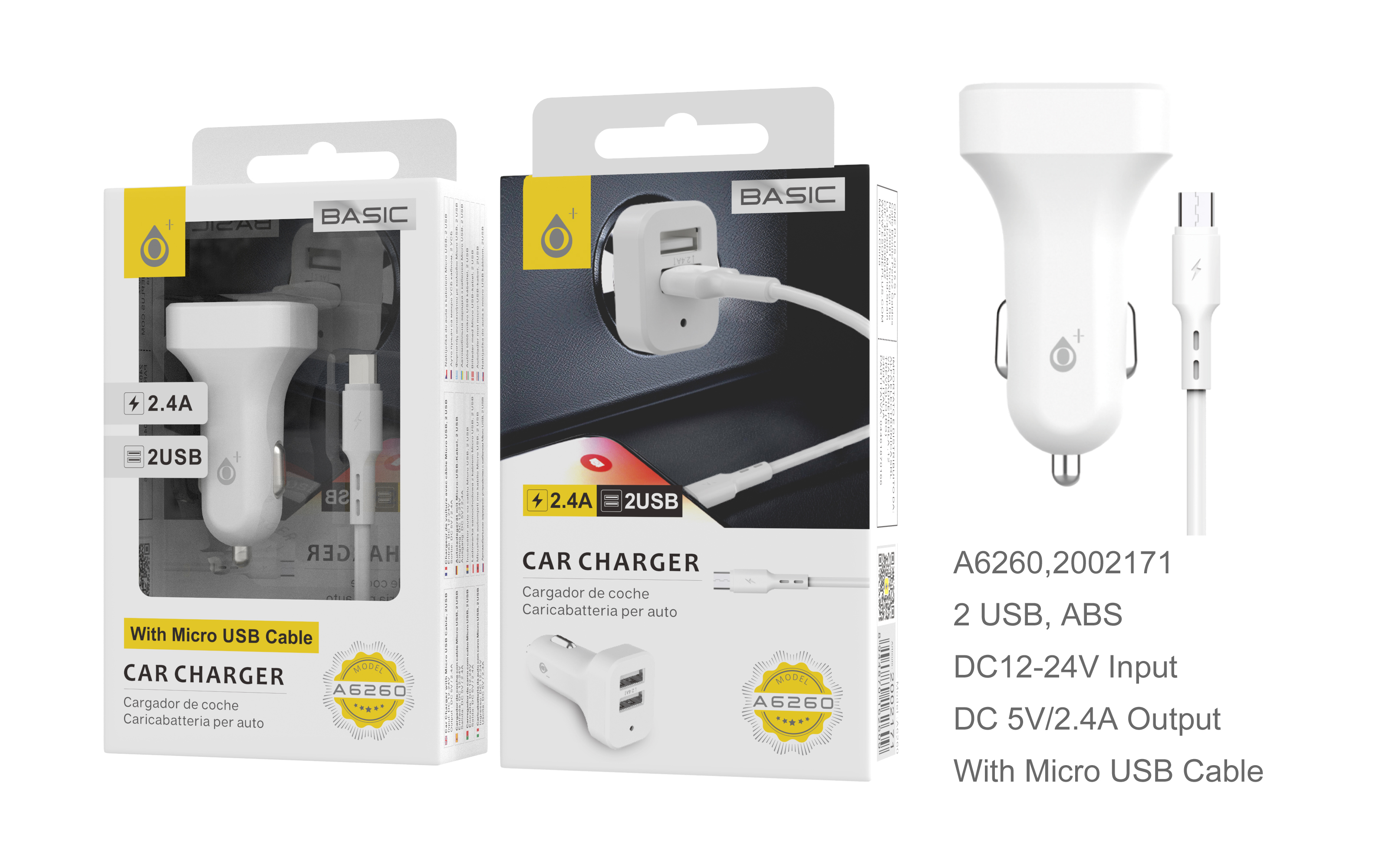 A6260 BL Cargador de Mechero S.Basic Epime con cable Micro USB, 2USB, 2.4A , Blanco