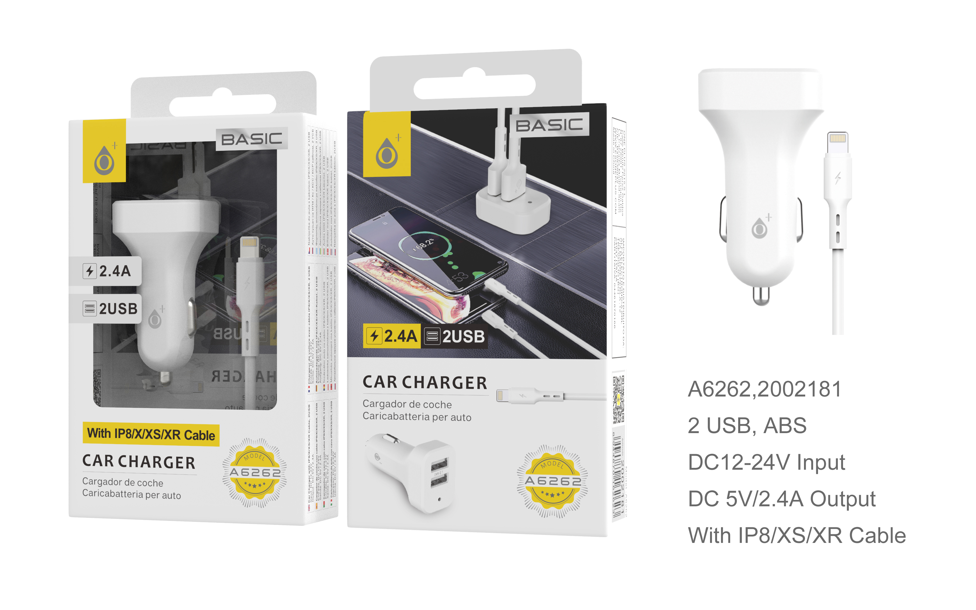 A6262 BL Cargador de Mechero S.Basic Epime con cable IP6/7/8/XS/XR, 2USB, 2.4A , Blanco