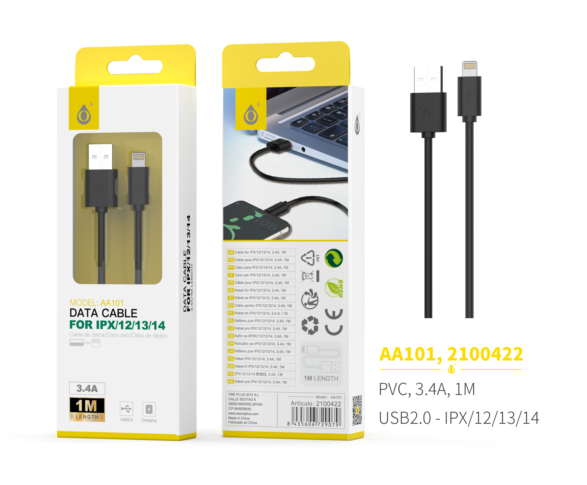 AA101 NE Cable de Datos ONE para Iphone 6/7/8, 1M 3.4A Negro