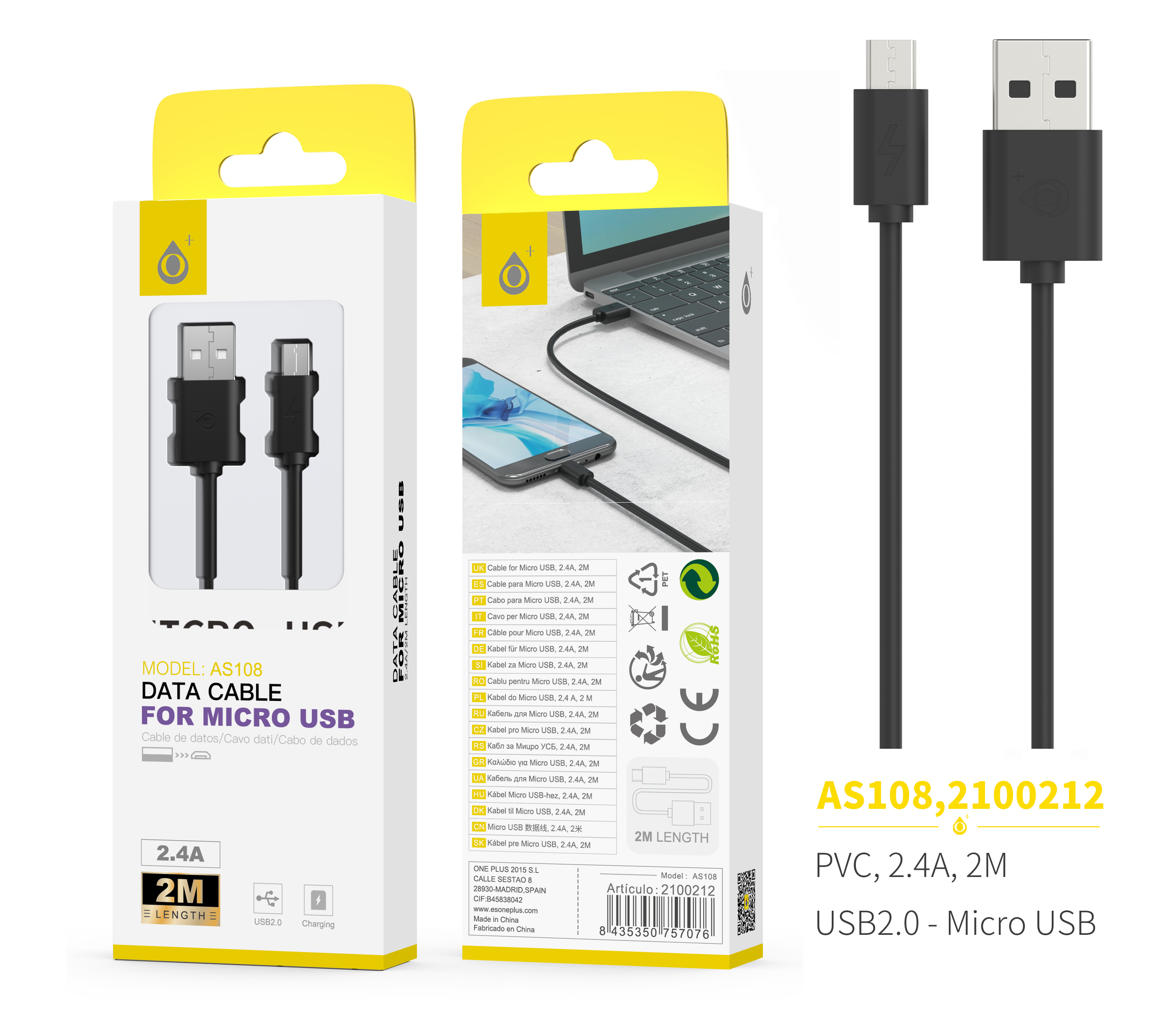 AS108 NE Cable de Datos para Micro USB, 2A 2M, Negro