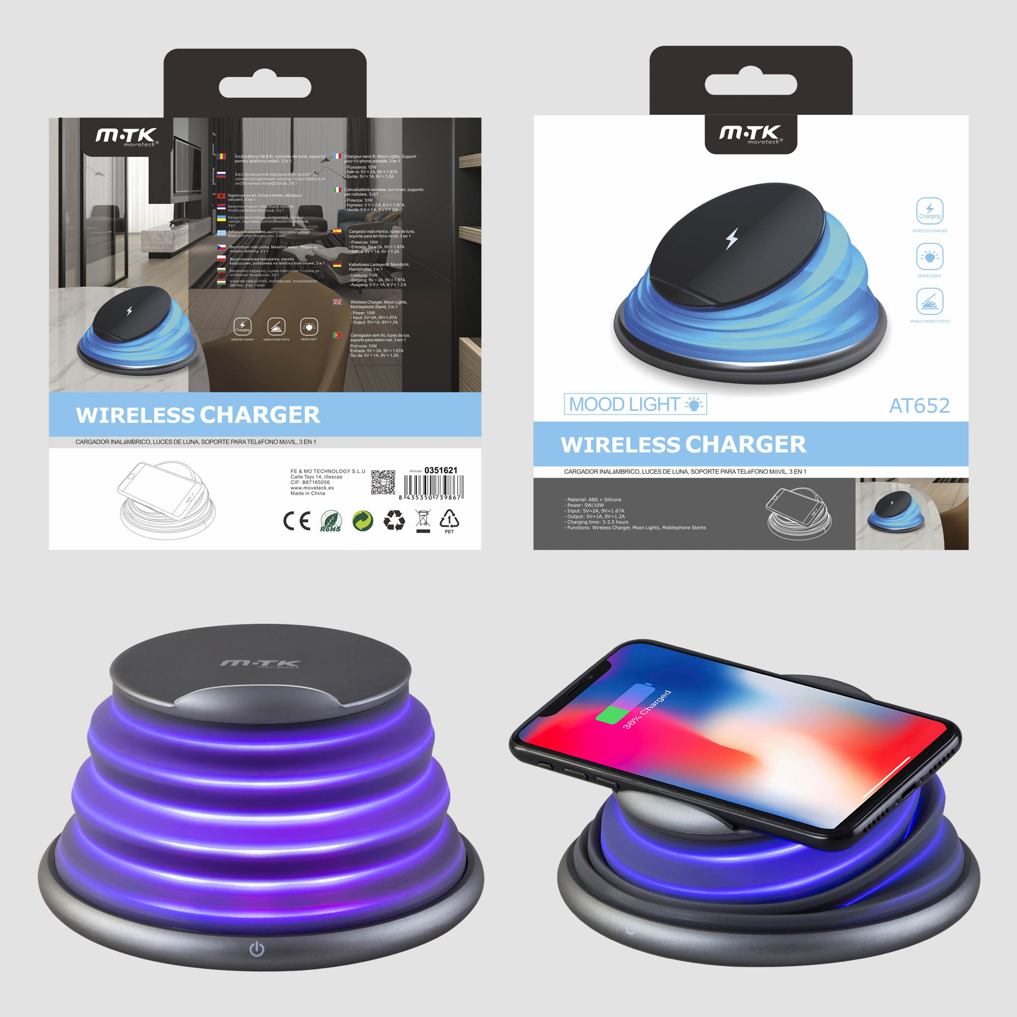 AT652  Cargador Rápido Inalámbrico  10W DOCKY QI 1.2 para Moviles,Luz LED colores, 5V/9V 2A ,