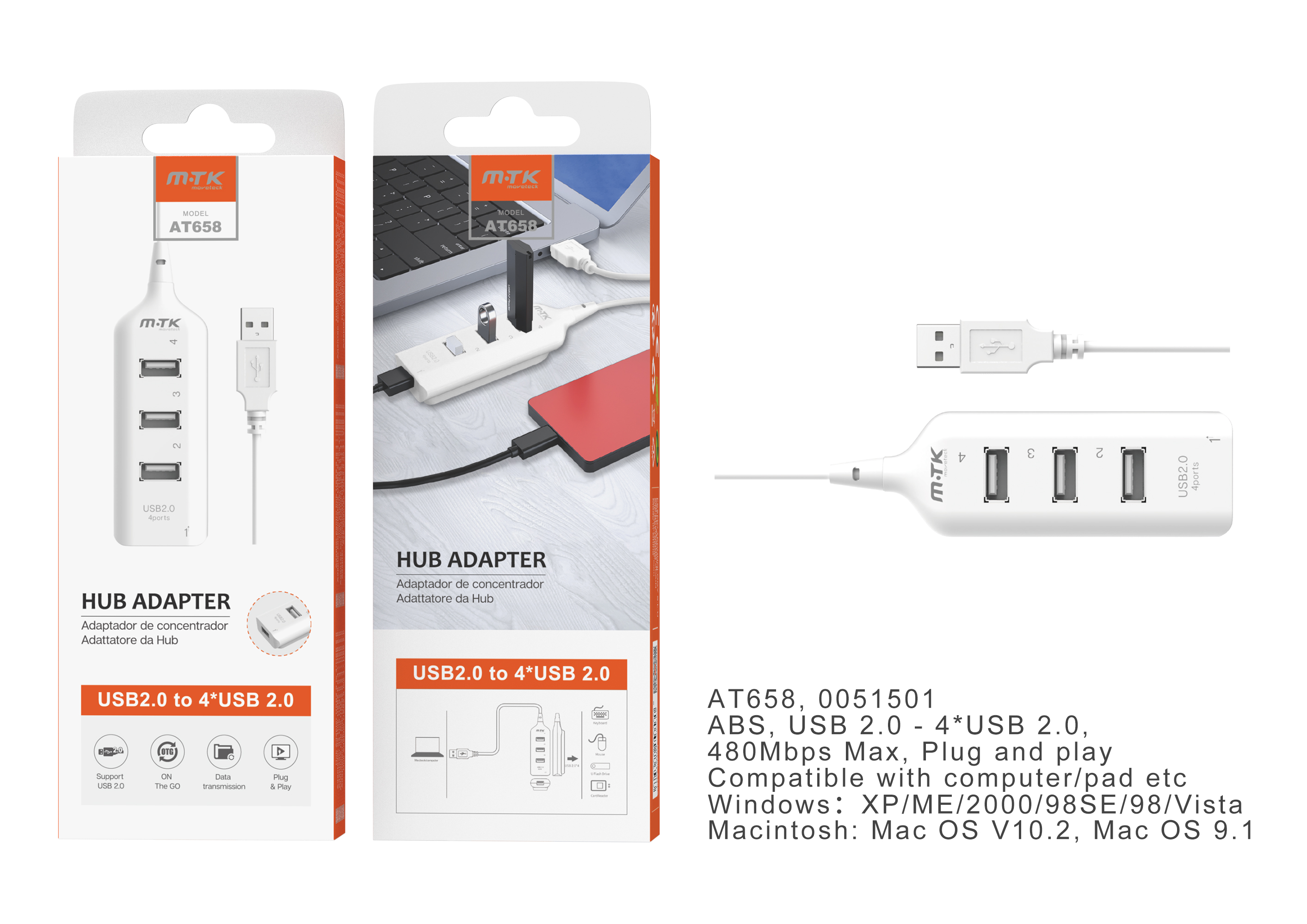 AT658 BL USB Hub con 4 Puertos, Blanco