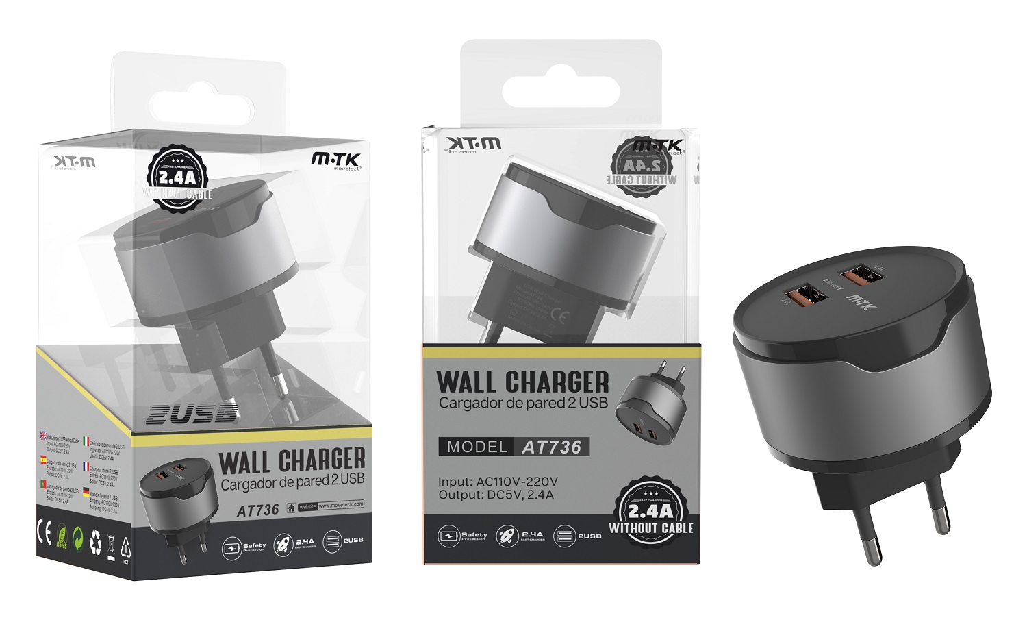 AT736 NE+GR Cargador de Red Meteor  sin cable , 2 USB, 2.4A/5V,Negro+Gris