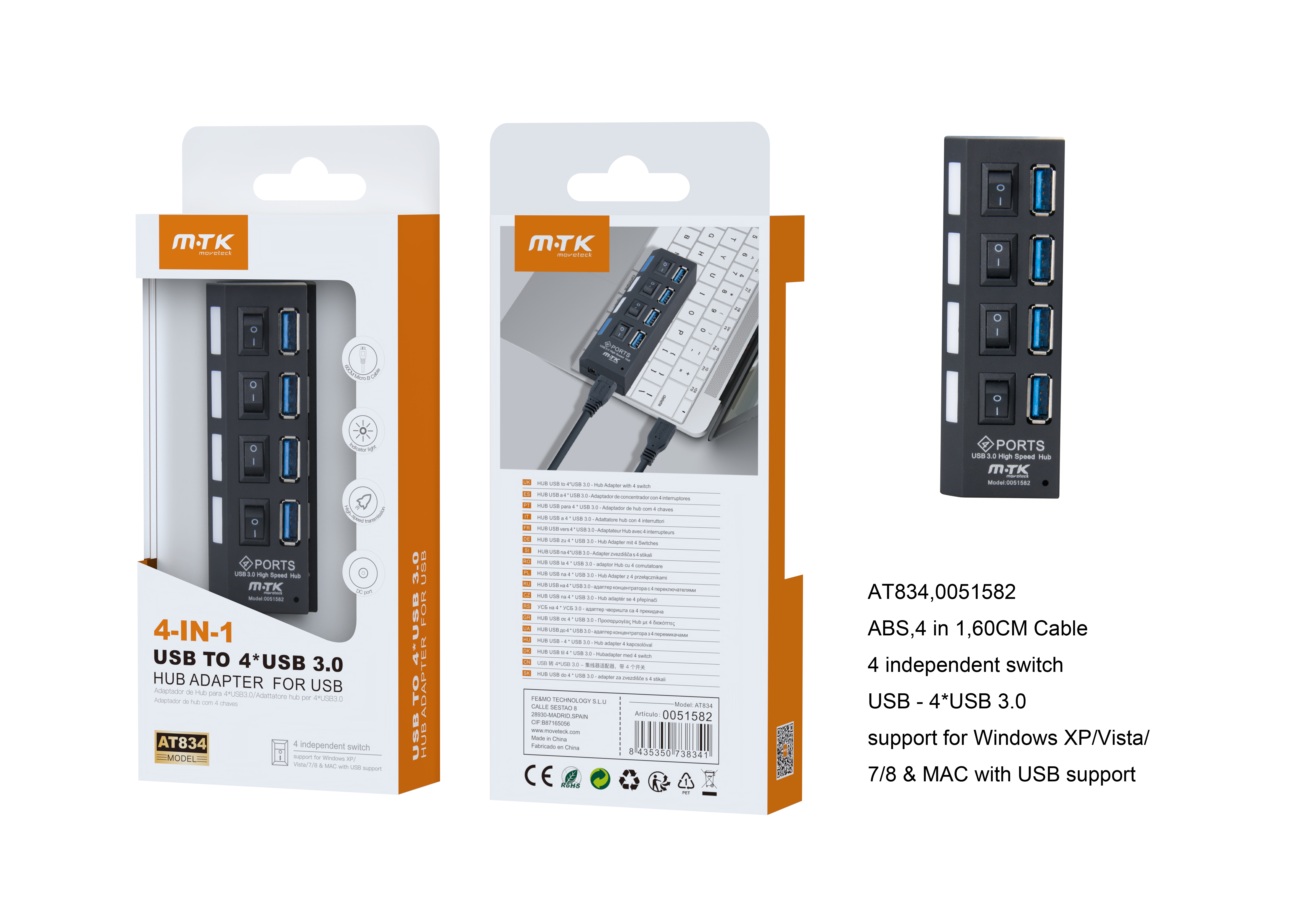 AT834 USB3.0 Hub, 4 Puertos con Interrumptores, 5Gbps Negro