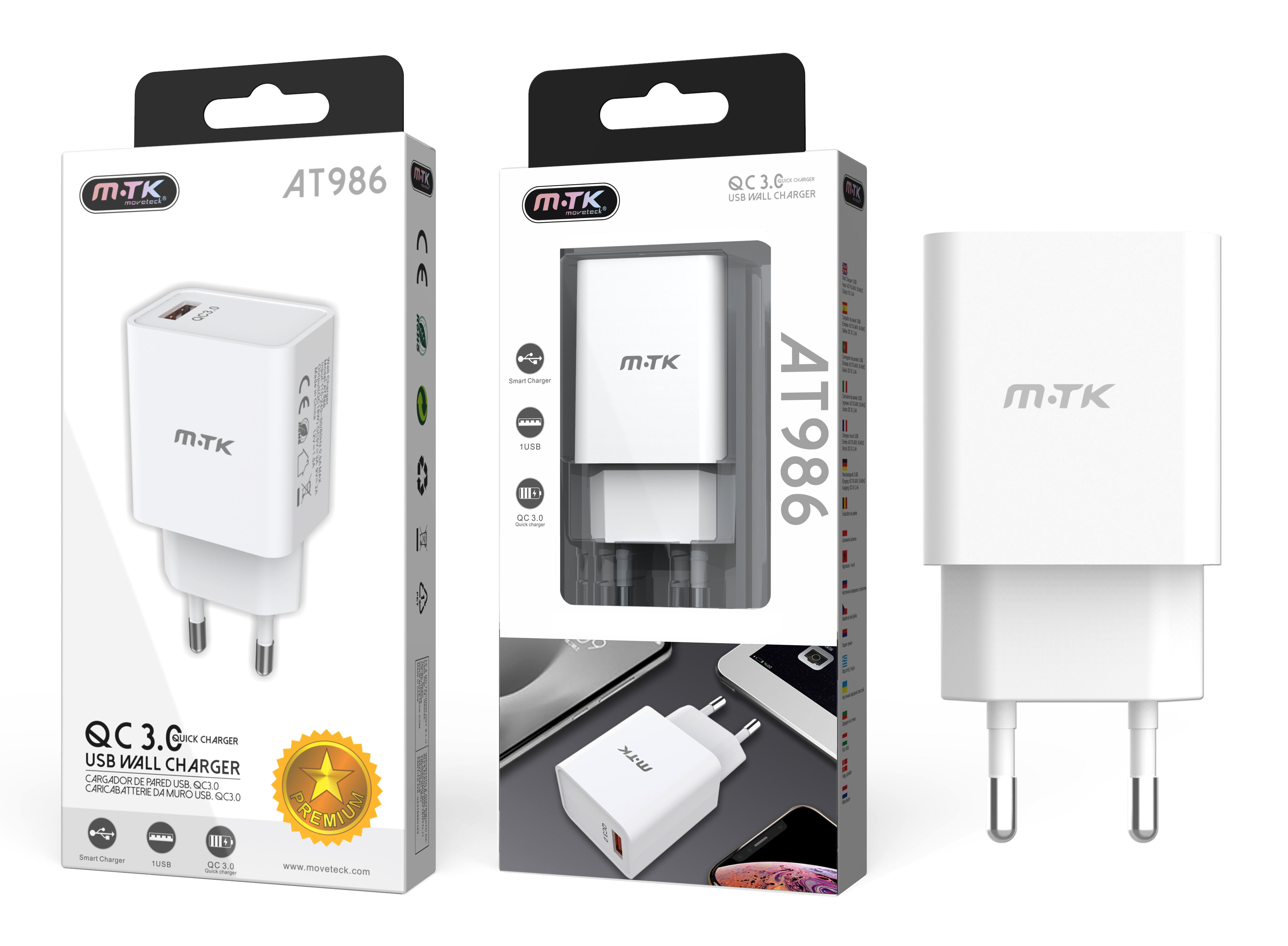 AT986 BL Cargador de Red Rapida Alta Calidad M.TK Premium Eliria sin cable , 1USB, QC3.0 18W, Blanco