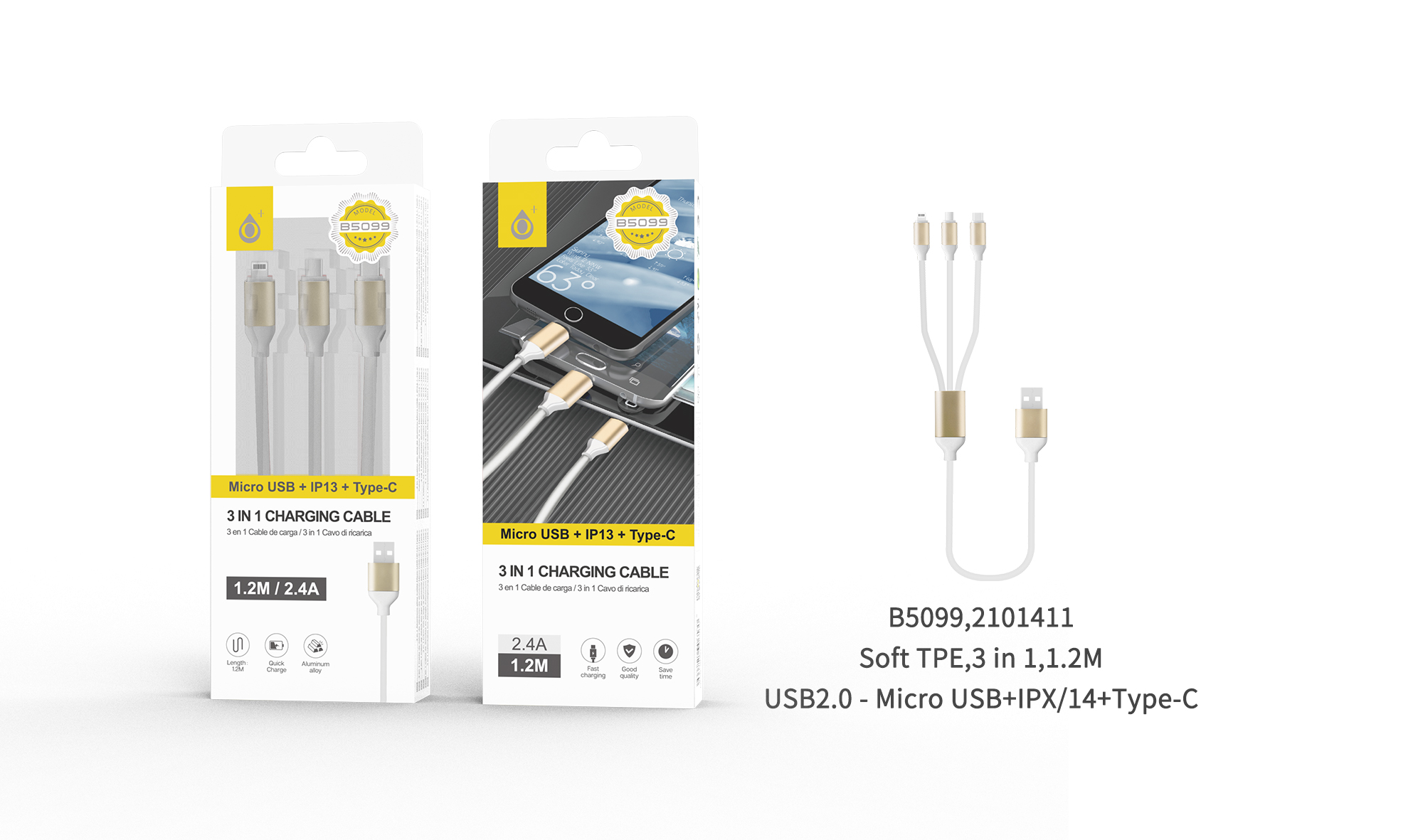 B5099 BL Cable de carga 3 en 1(Micro Usb, Iphone, Type C), 3.4A, 1.2M , Blanco