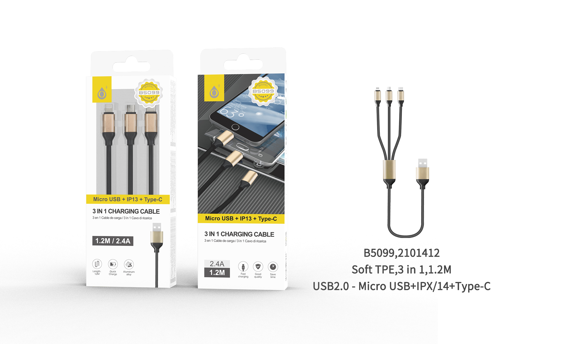 B5099 NE Cable de carga 3 en 1(Micro Usb, Iphone, Type C), 3.4A, 1.2M , Negro