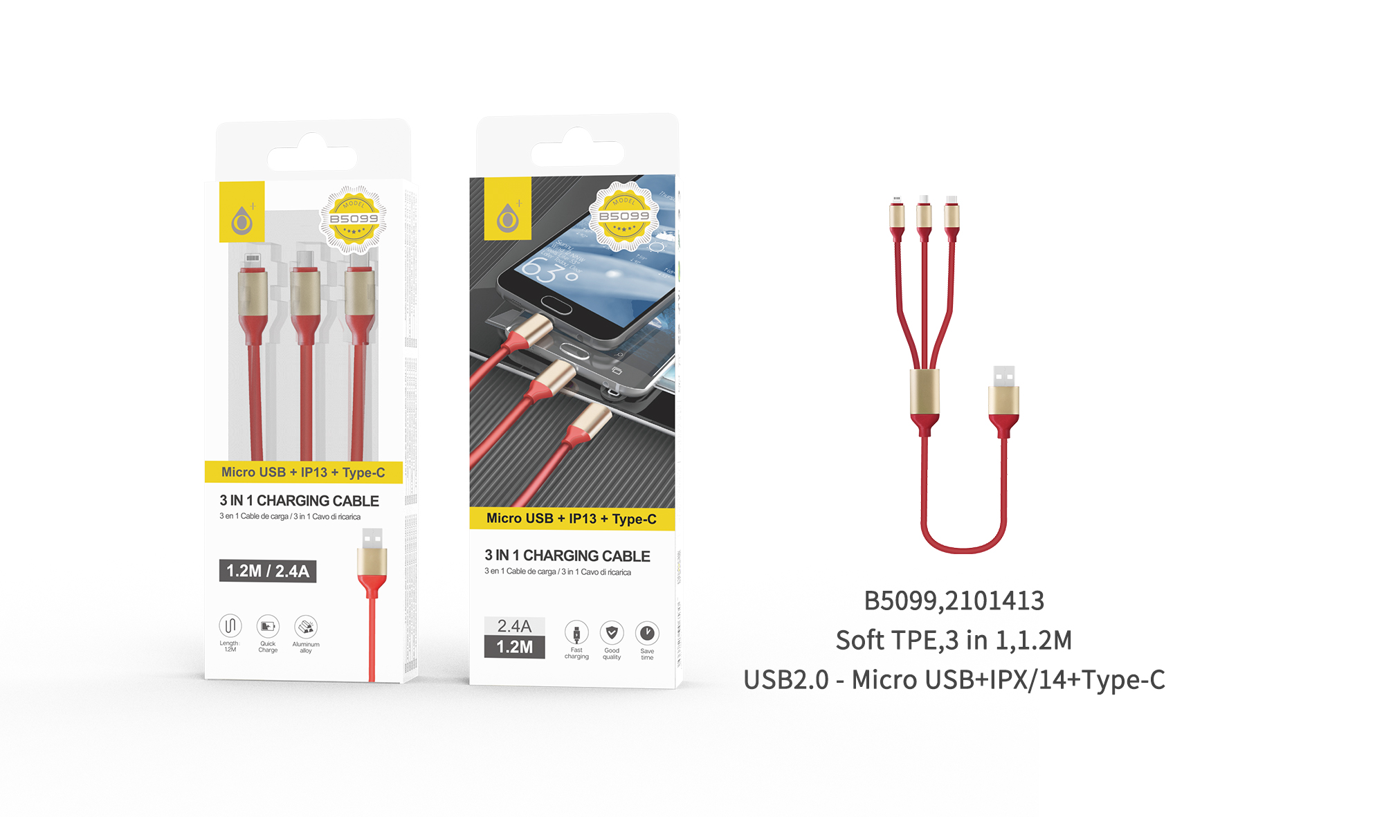 B5099 RJ Cable de carga 3 en 1(Micro Usb, Iphone, Type C),2A, 1.2M , Rojo