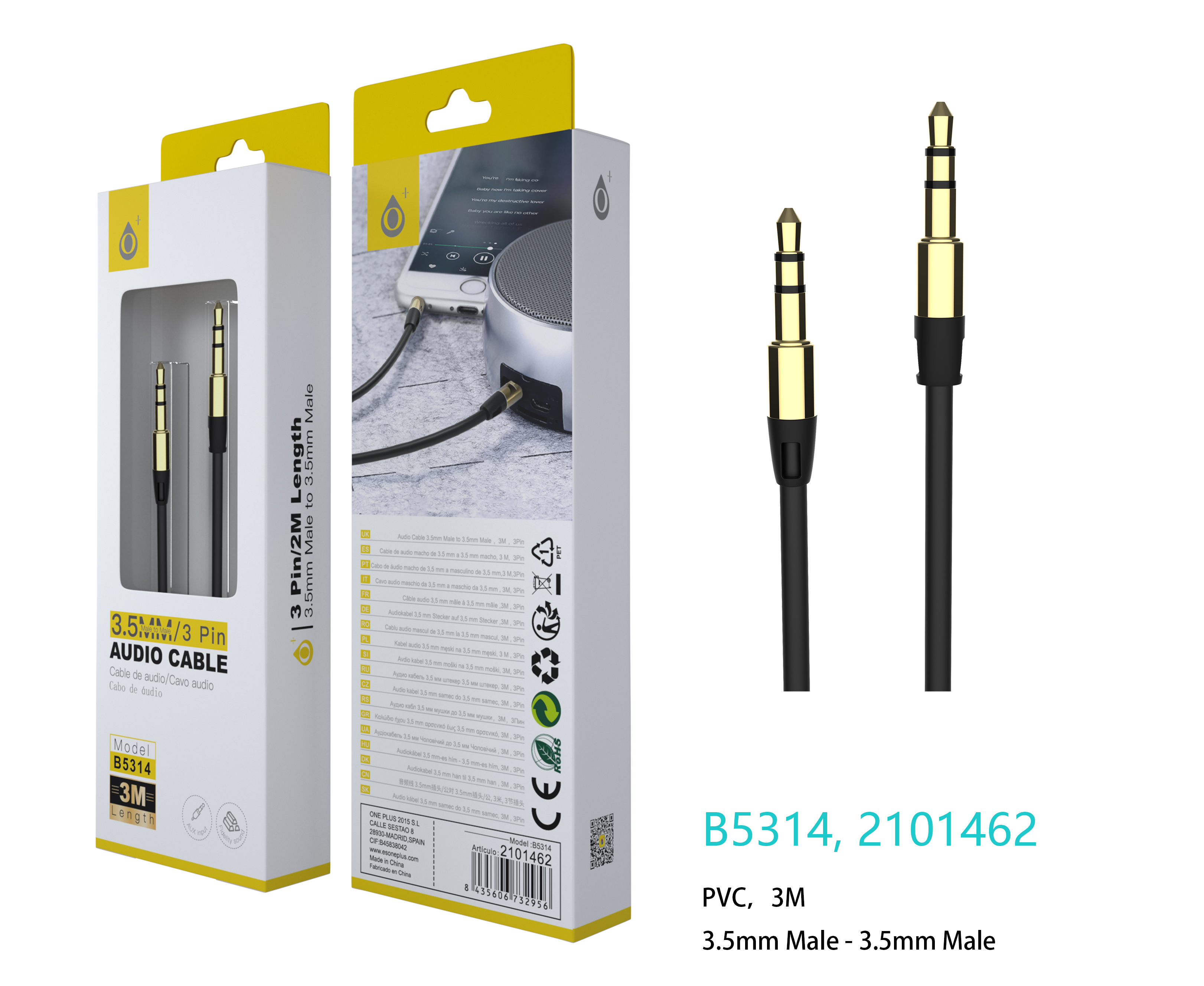 B5314 NE Cable Audio Plank M/M 3.5mm, conector metálico, 3 M , Negro