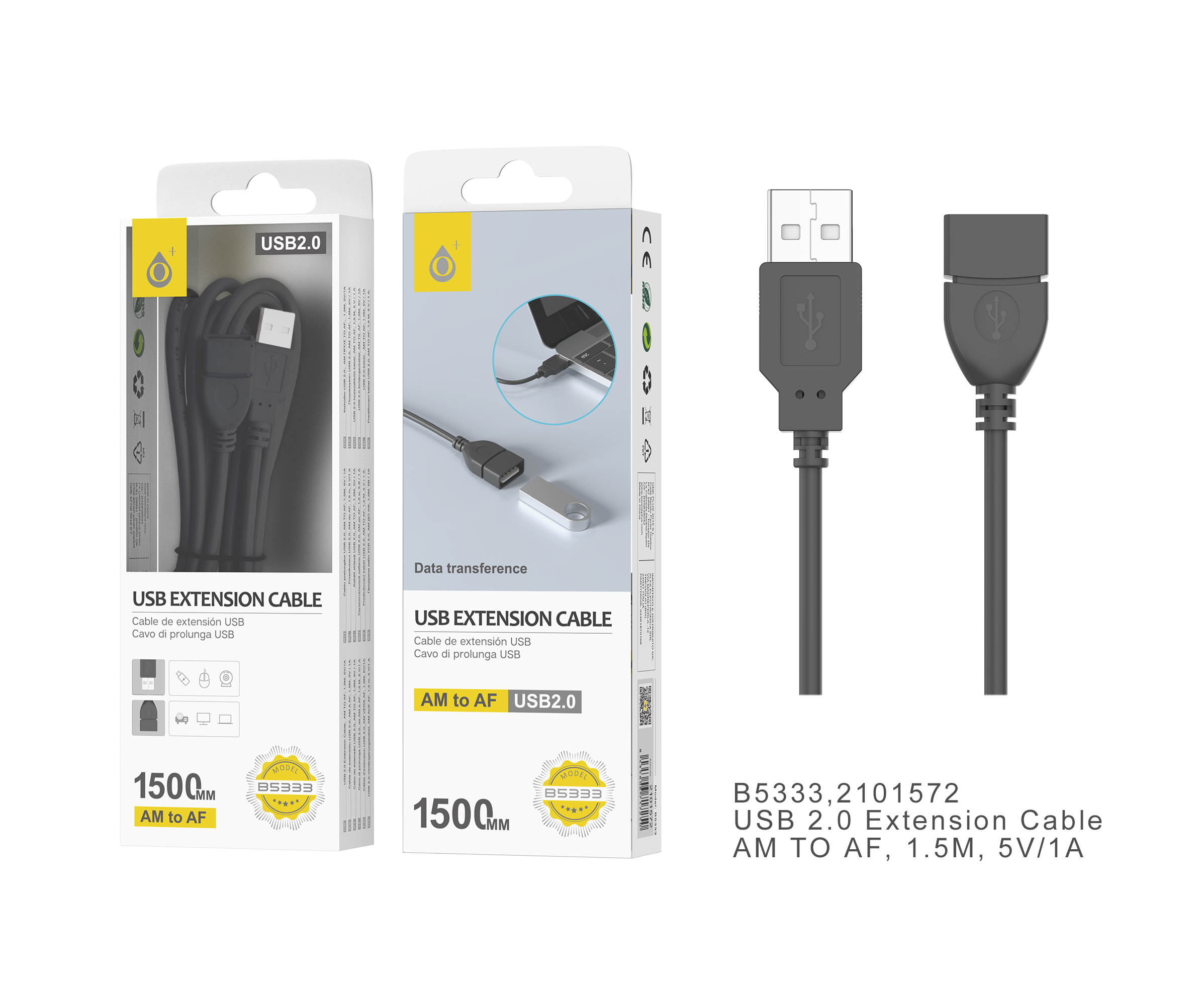 B5333 NE Cable de extensi¨®n USB2.0 AM A AF , 1.5M,Negro