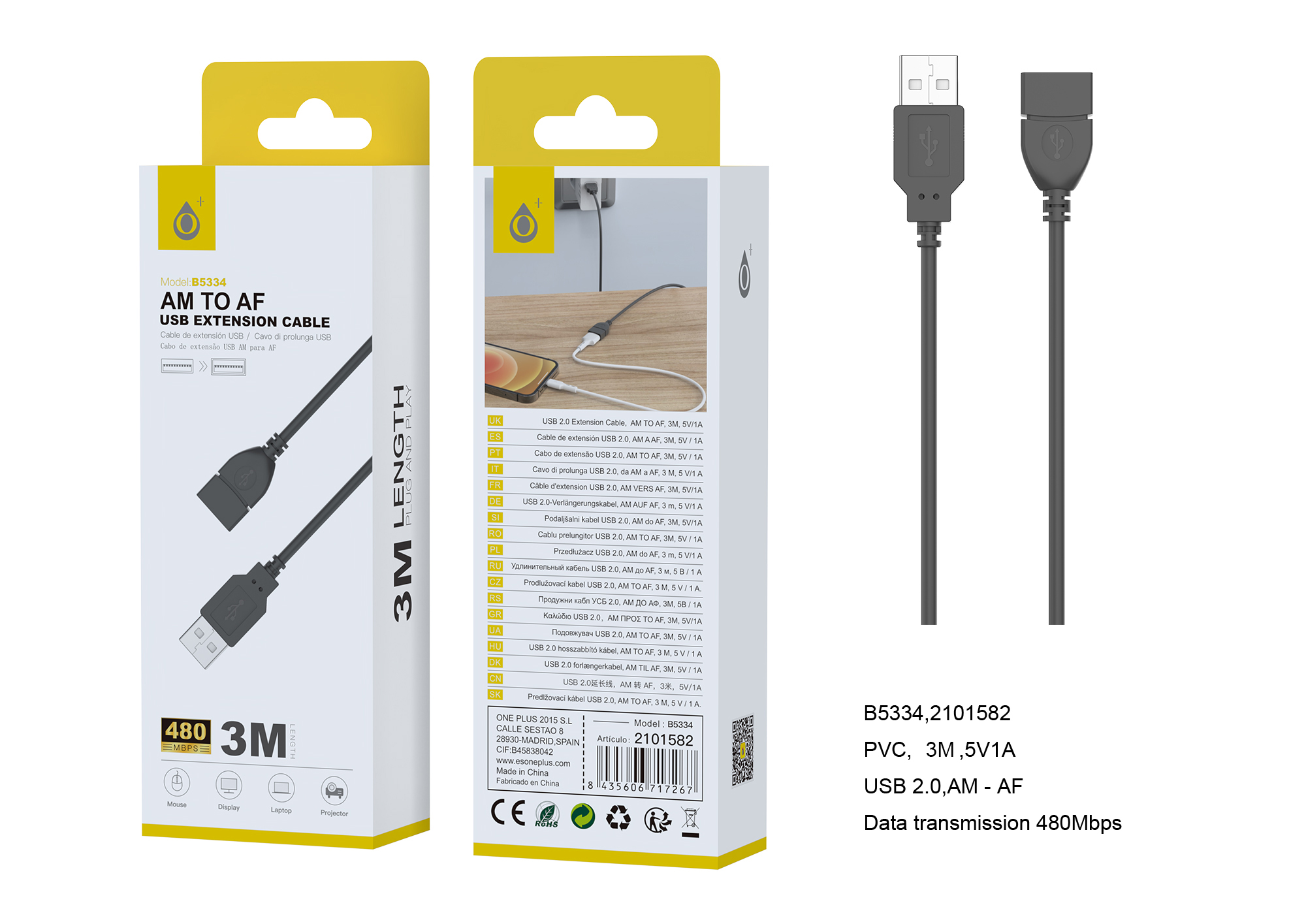 B5334 NE Cable de extensi¨®n USB2.0 AM A AF , 3.0M,Negro