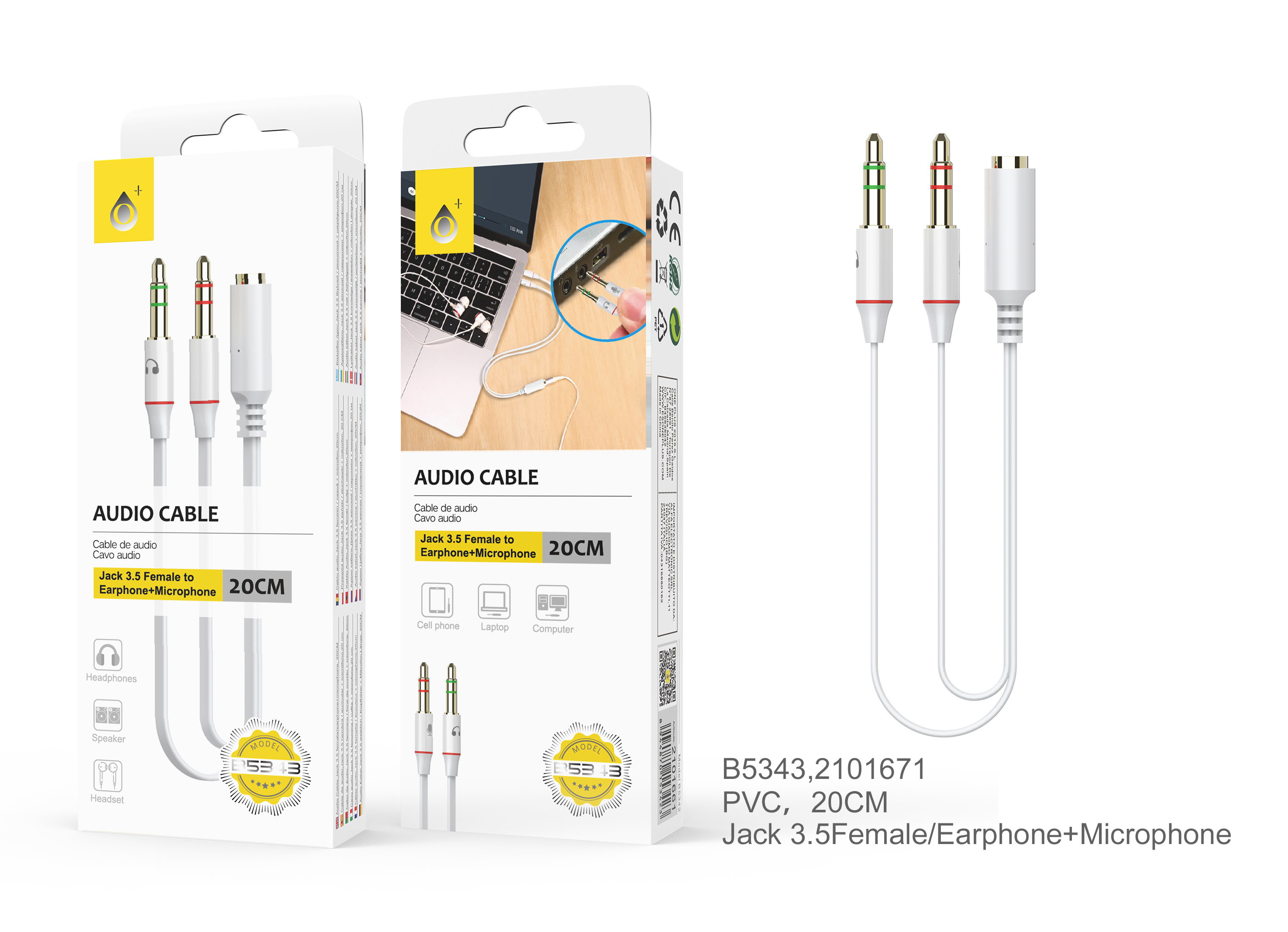 B5343 BL Cable de Audio 2 jack  3.5mm a 1 jack hembra , Blanco