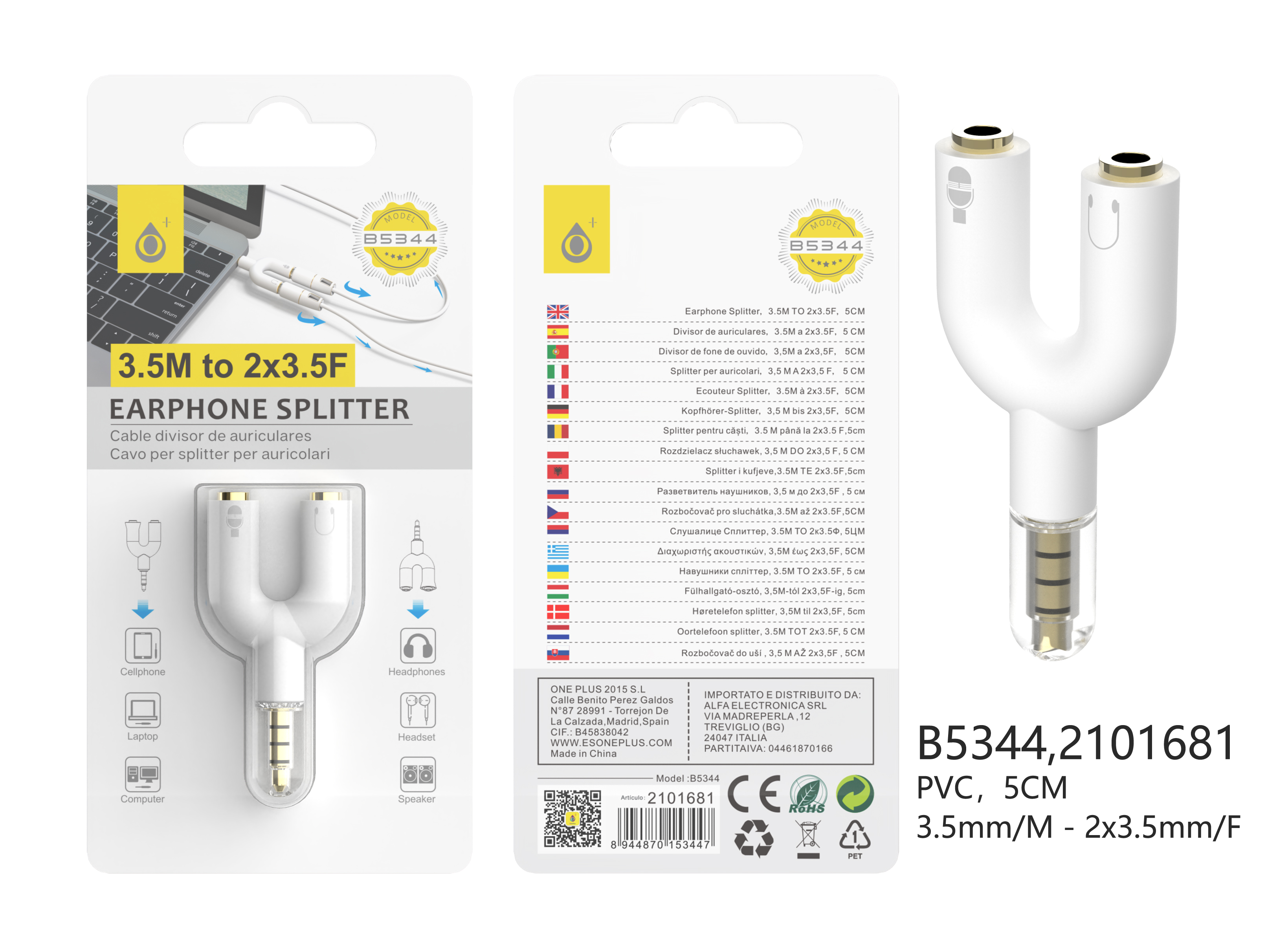 B5344 BL Adaptador Audio 1 jack 3.5mm a 2 jack hembra(microfono+auricular),Blanco