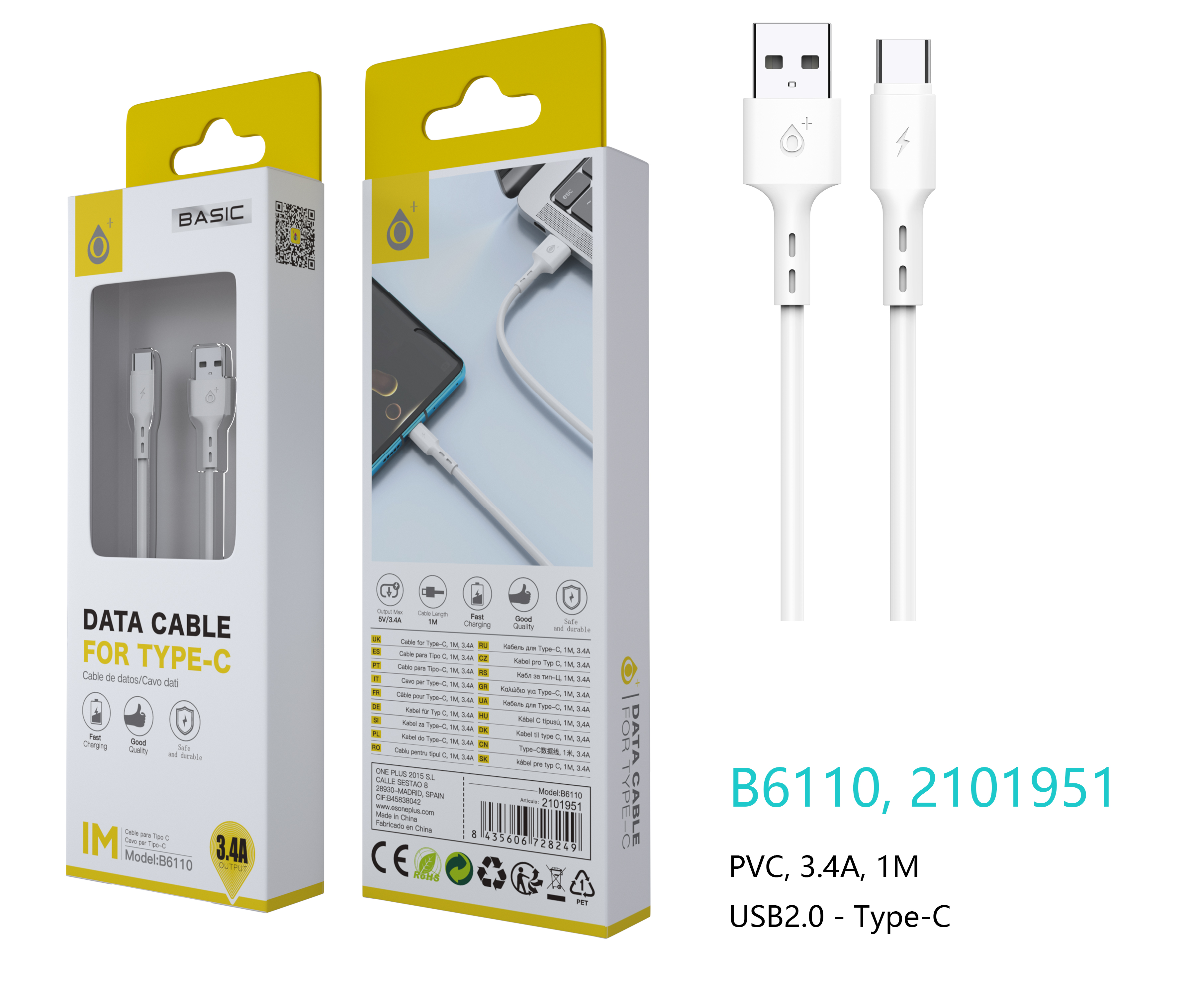 B6110 BL Cable de datos S.Basic Flute para Type C, 1M, 2.4A, Blanco
