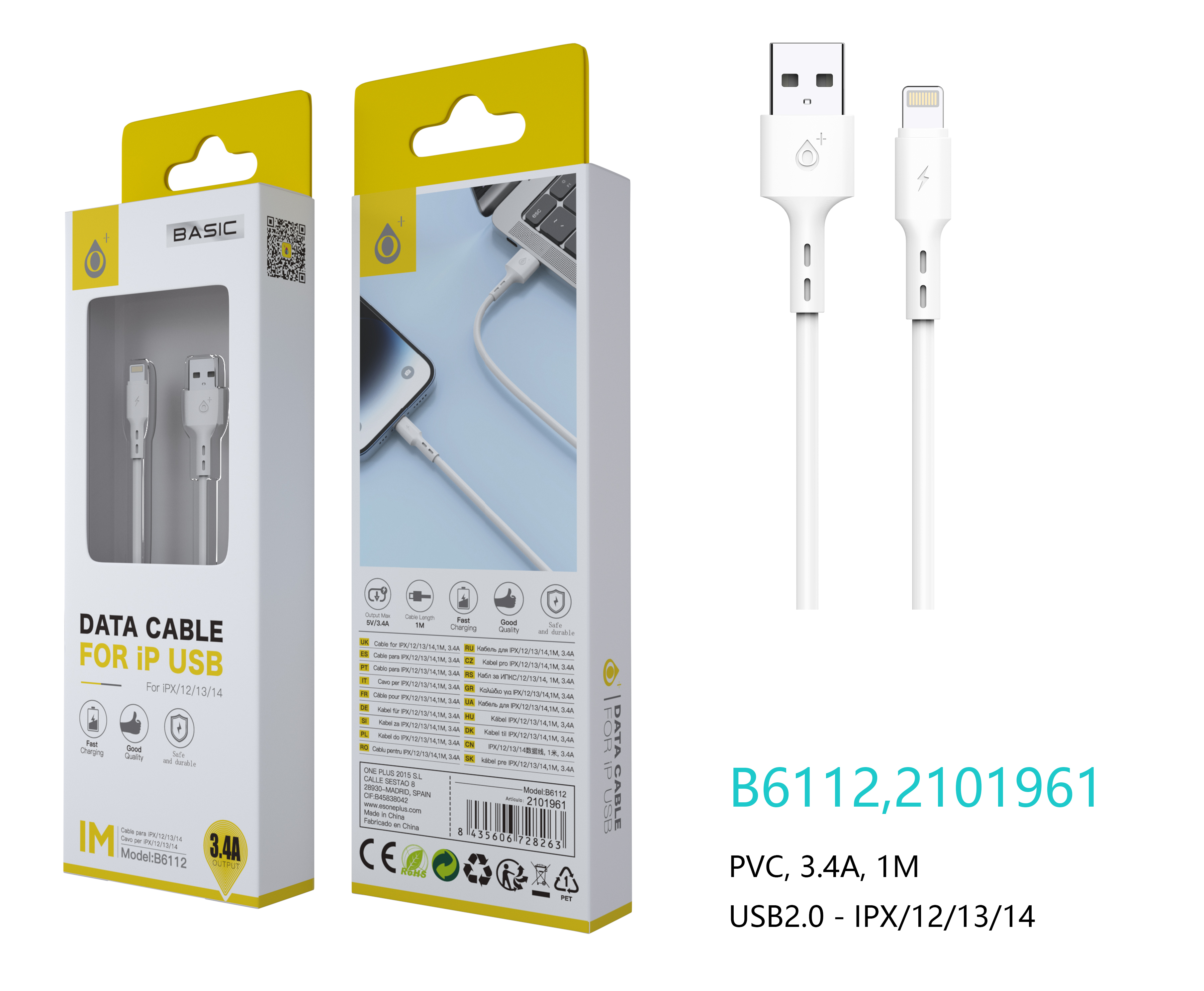 B6112 BL Cable de datos S.Basic Flute para IP6/7/8/X/XS, 1M, 3.4A, Blanco