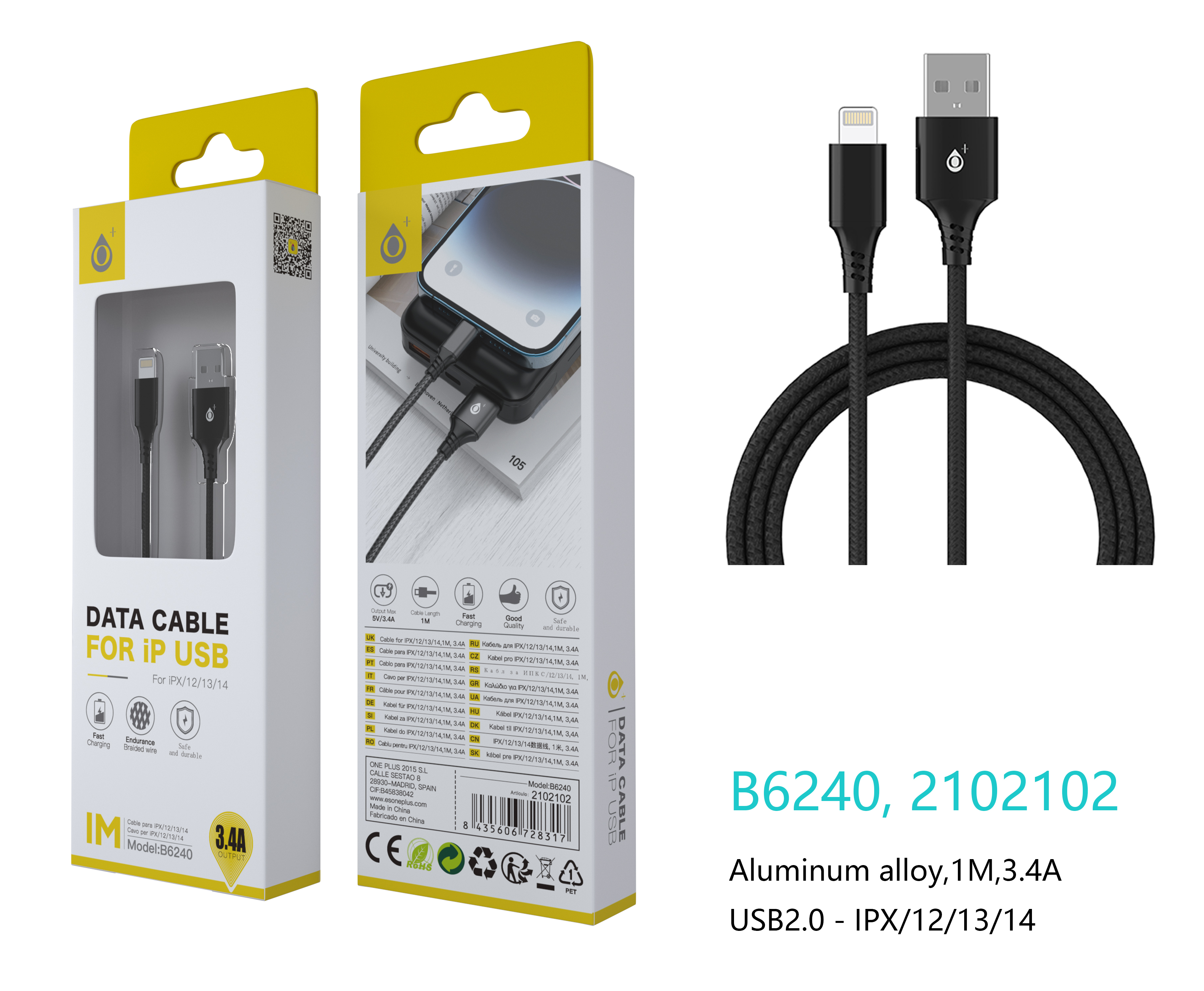 B6240 NE  Cable de datos Aluminio S.Basic Giova para IP6/7/8/X, 3.4A, 1M , Negro